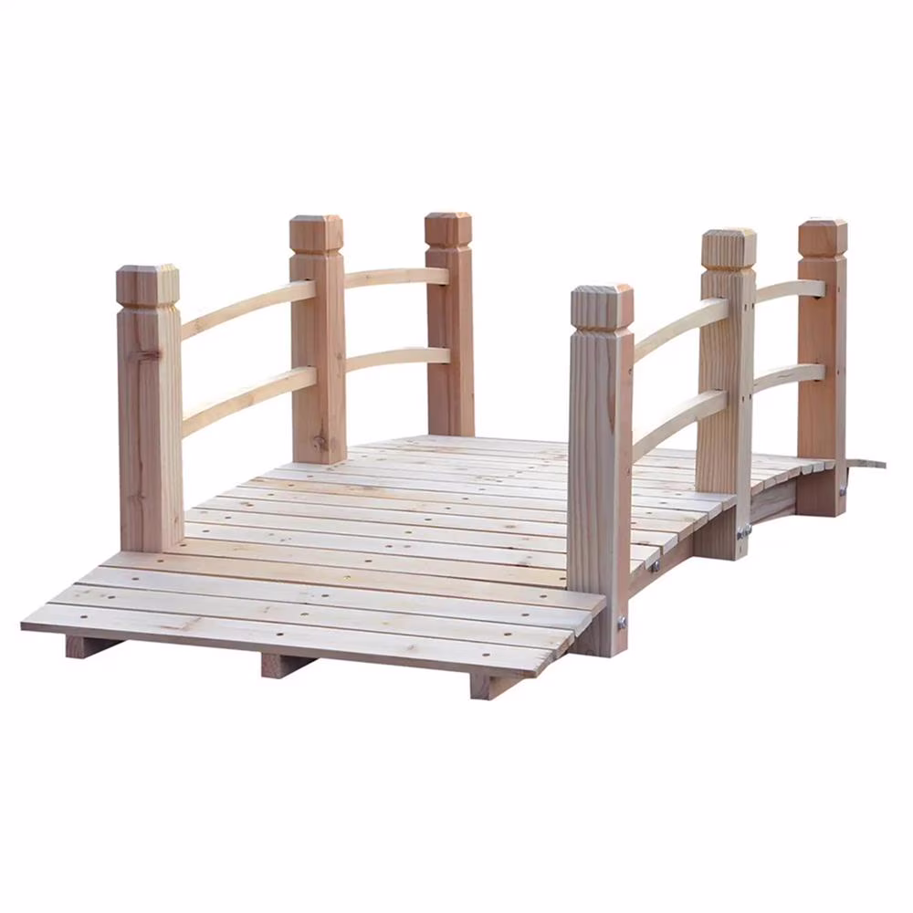 GVN Bridge, Garden Bridge,5 ft Wooden Garden Bridge Arc Footbridge with Railings for your Backyard, Natural Wood