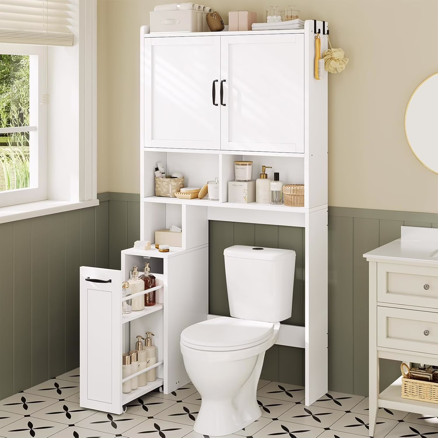 Frhnenha Over The Toilet Storage Cabinet with Pulley, Bathroom Storage Cabinet, with Adjustable Shelf and Open Shelf for Bathroom, Restroom, Laundry, White