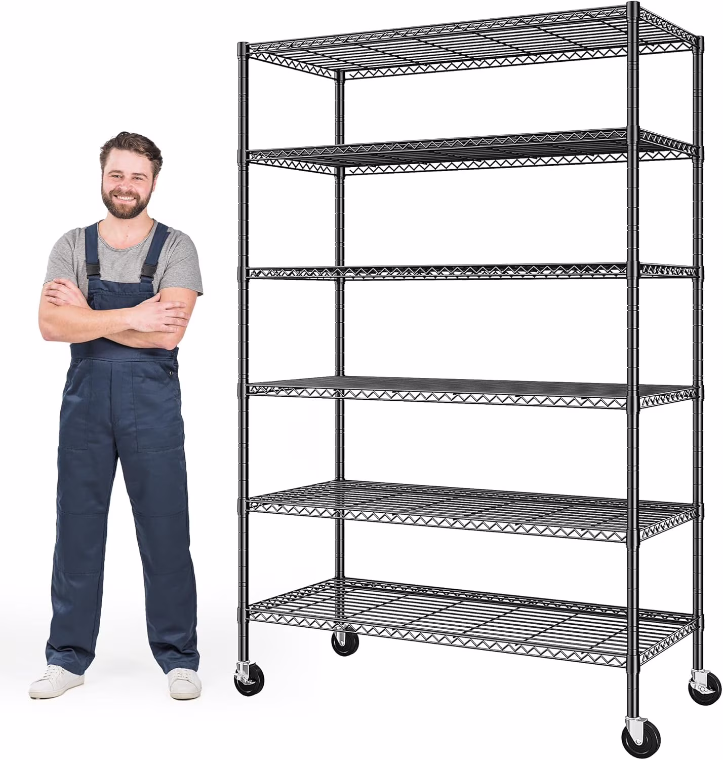 LR8 82" H X45 W X18 D Storage Shelves with Wheels, 6 Tier Wire Shelving Adjustable Metal Shelving Pantry Shelves Capacity 1600LBS for Garage Shelving, Pantry, Kitchen, Closet, Black