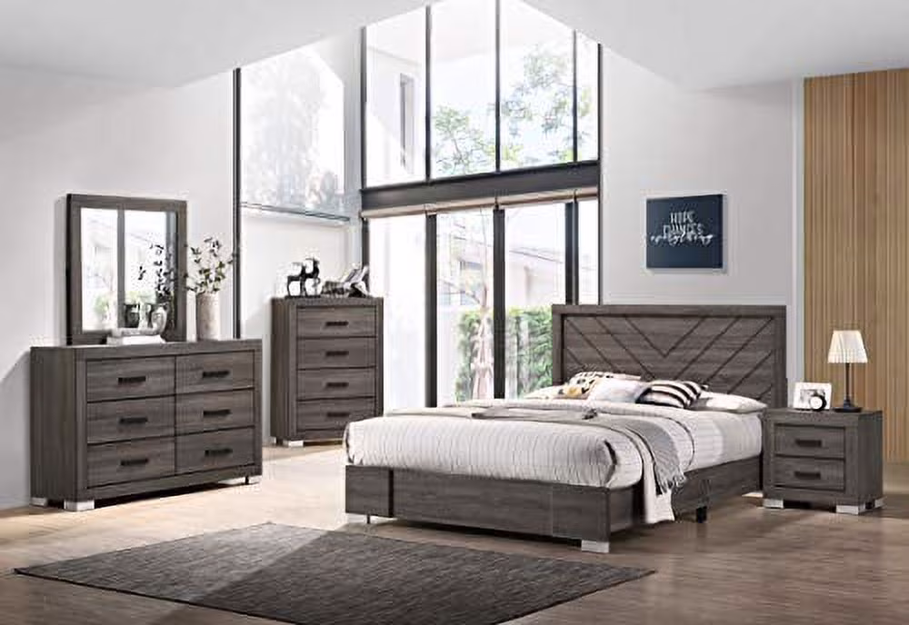 Kings Brand Furniture Lorain 6-Piece King Size Gray Bedroom Set. Bed, Dresser, Mirror, Chest & 2 Nightstands