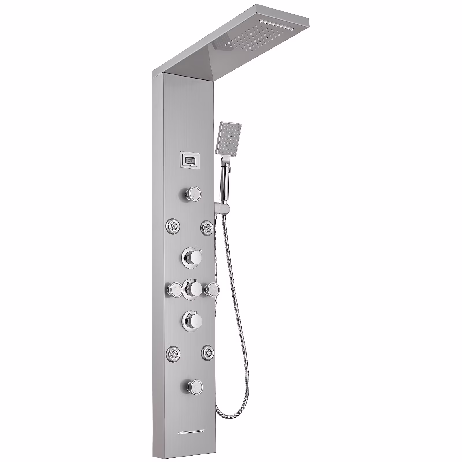 8-Jet Rainfall Shower Panel System with Rainfall Waterfall Shower Head and Shower Wand in chrome Nickel