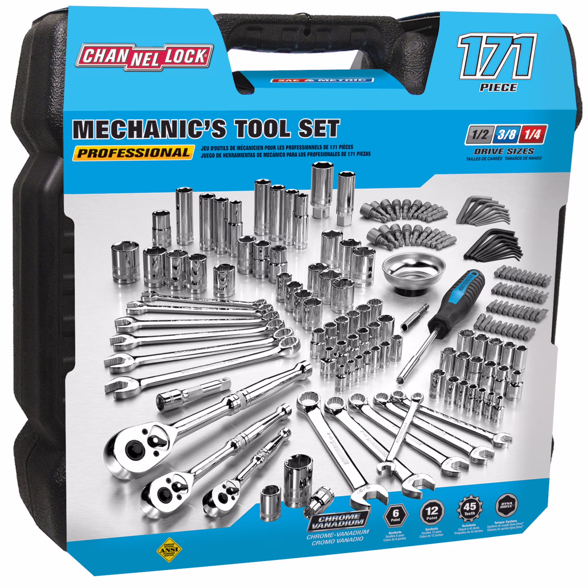 CHANNELLOCK 39053 171pc Mechanic's Tool Set, Includes Standard SAE and Metric Sizes, Chrome/ Nickel Finish