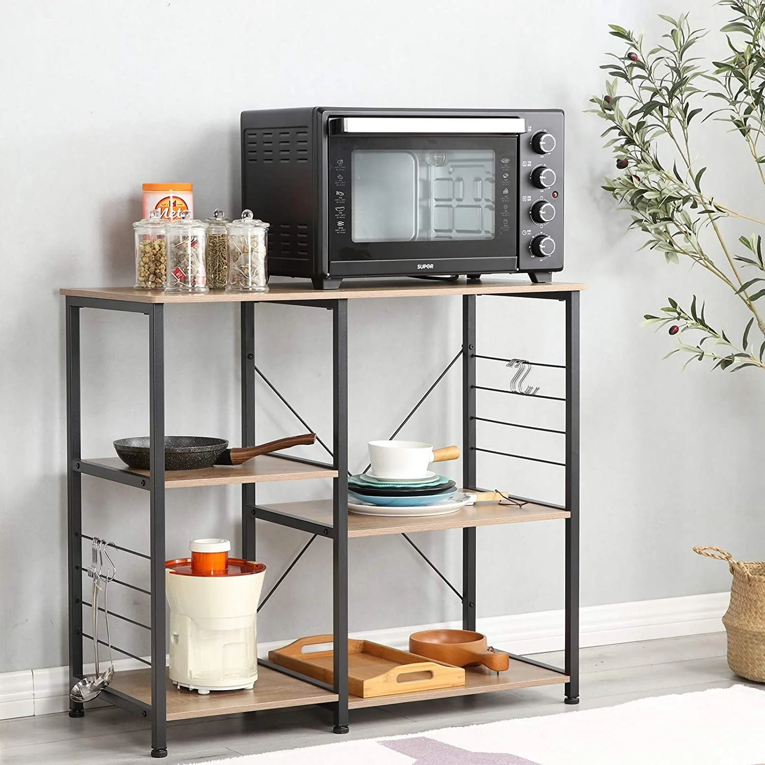 Somdot Baker’s Rack 35.4" Wide Kitchen Utility Shelf 3-Tier + 3-Tier Storage Rack for Oven Baker Spice Home Organizer Workstation Microwave Stand, Brown