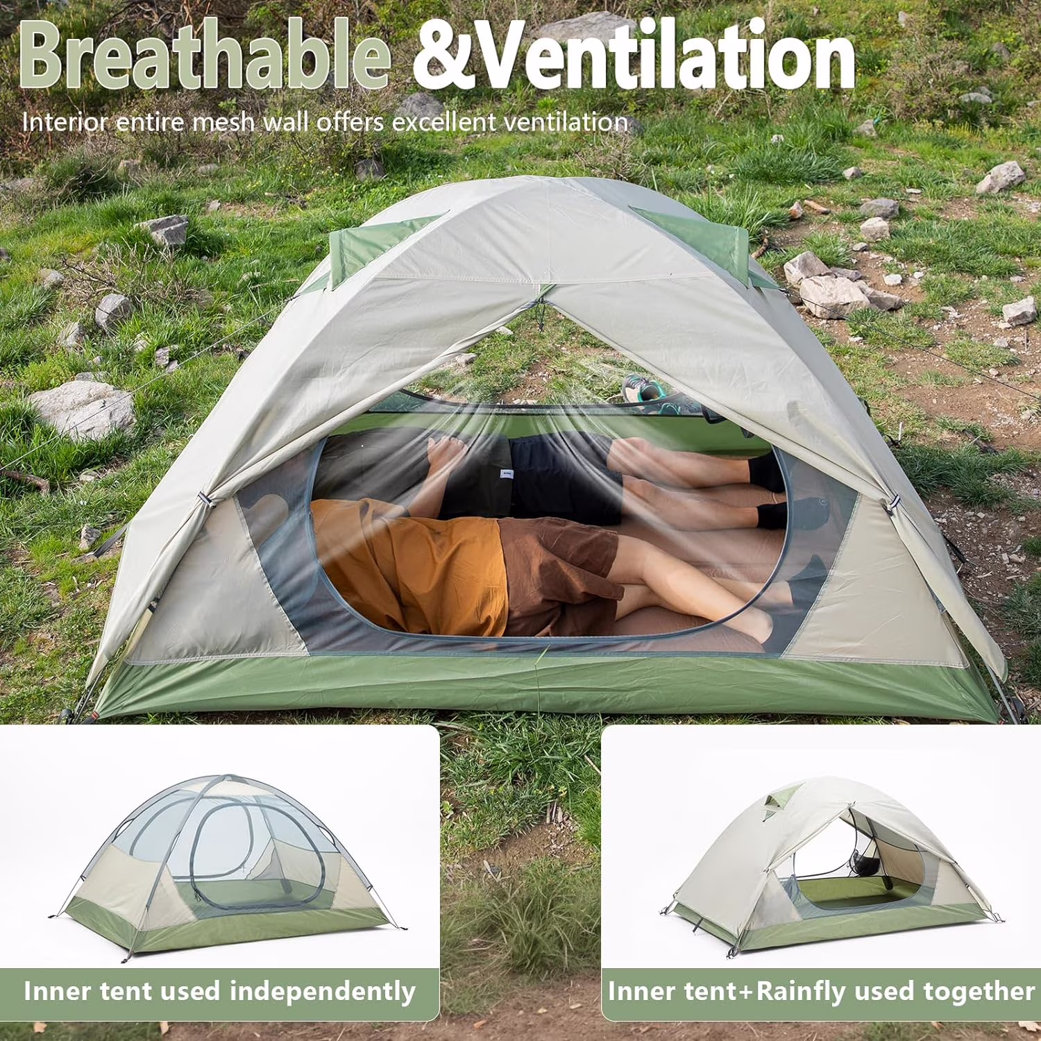 Lightweight 2 Person Camping Tent Waterproof Windproof Double Door Easy Setup for Hiking Travel Family Camping