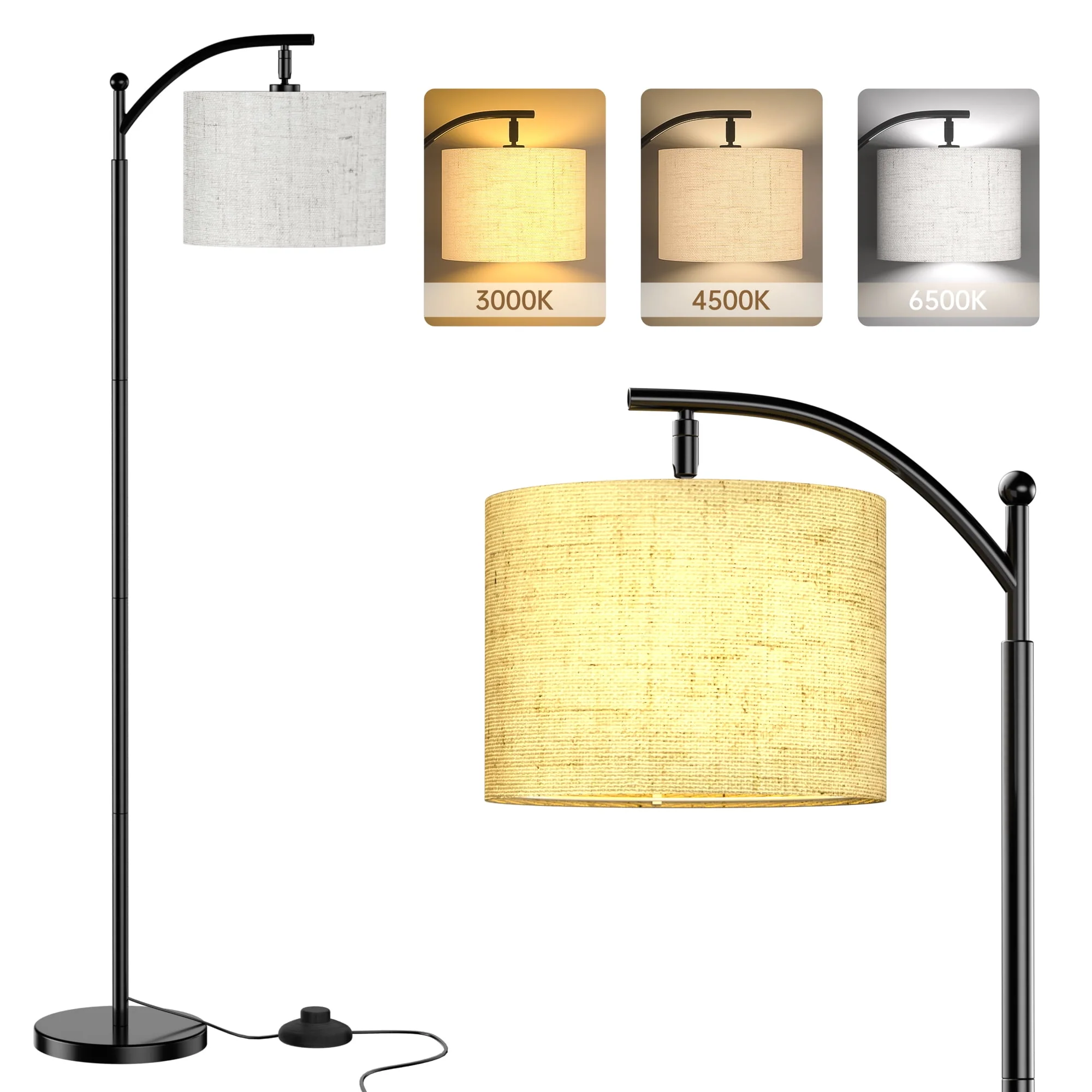 Floor Lamp for Living Room, Tall Modern Standing Lamp with Linen Shade, Footswitch, 3 Color Temperatures, Mid Century Floor Lamp for Bedrooms, Office (9W LED Bulb Included)