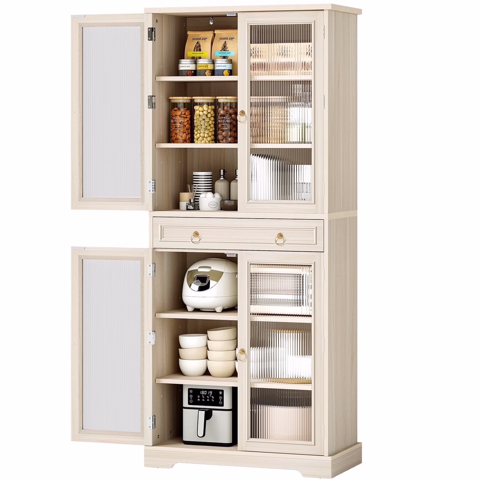 Kitchen Pantry Cabinet with Adjustable Shelves and Acrylic Doors, 72"  Large Storage Cabinets with Drawer for Dining Living Room, White Oak
