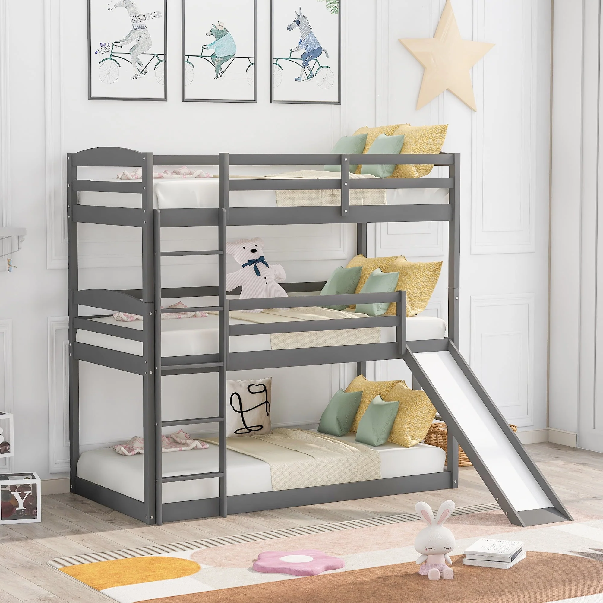 Euroco Wood Triple Bunk Bed with Ladder and Slide for Kids
