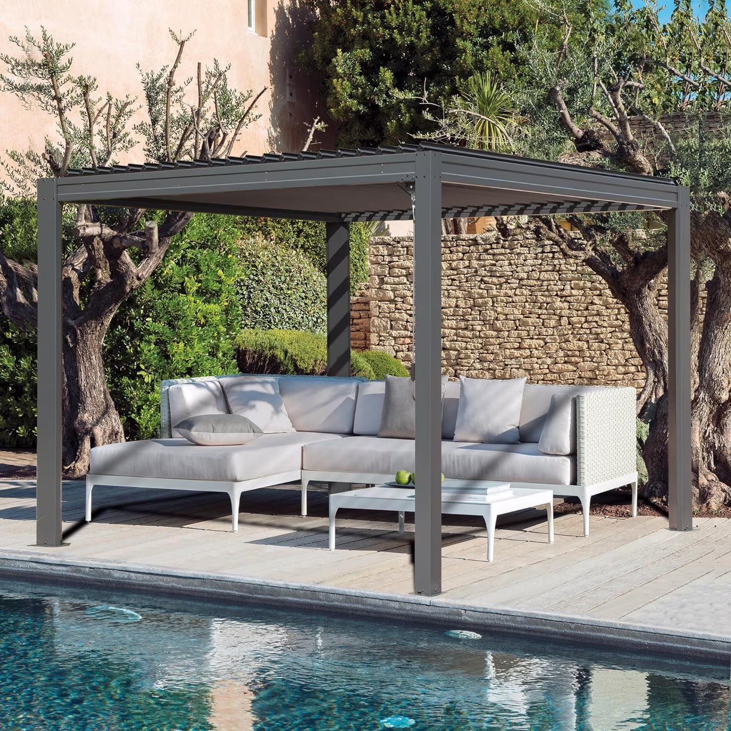 Domi Outdoor Living 10x10FT Louvered Pergola with Adjustable Steel Roof, Durable Metal Frame, Efficient Drainage System for Backyard, Garden and Lawn, Gray