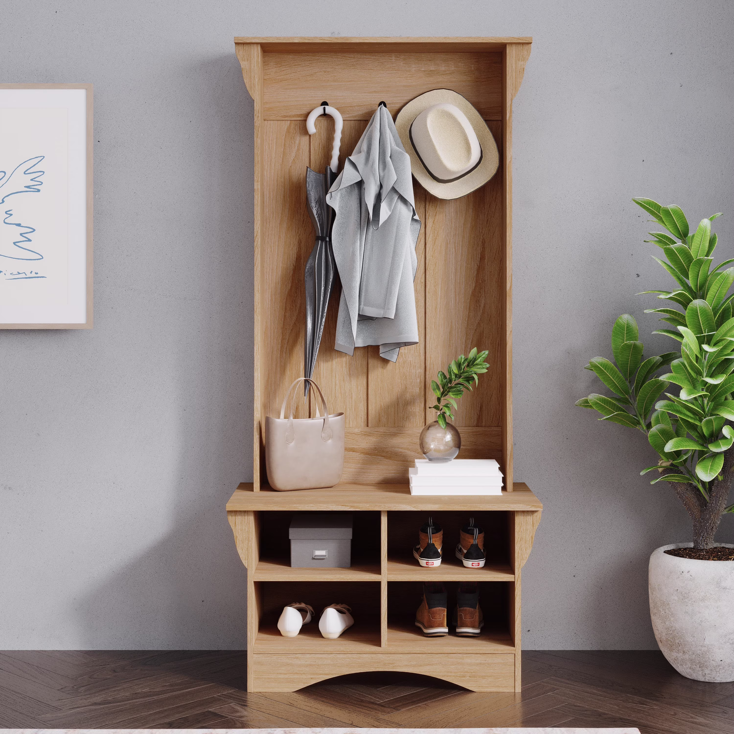 Emma + Oliver 31.5" Wide Hallway Tree with Bench, Coat Hooks, and Lower Storage Compartments with Adjustable Shelves in Weathered Wood