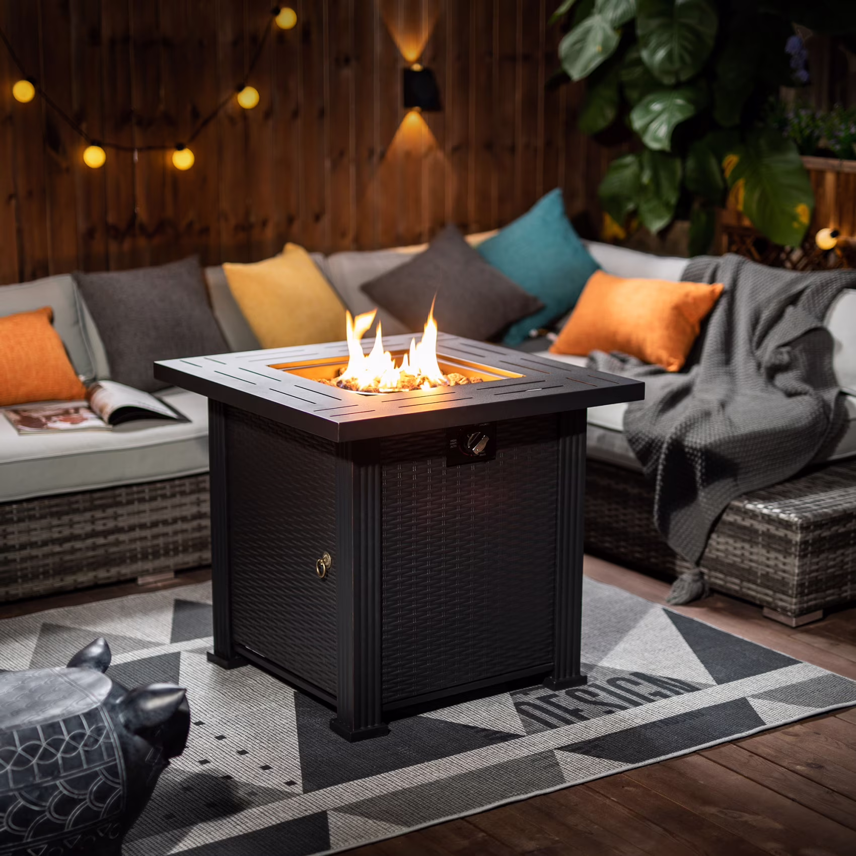 FEOYA Propane Fire Pit Table Firepit Outdoor Patio Fireplace Steel Gas Fire Pit Square Fire Pit Table 40000BTU Gas Regulator with Cap Lava Rock Hose for Dinning Outside Garden Backyard Heating