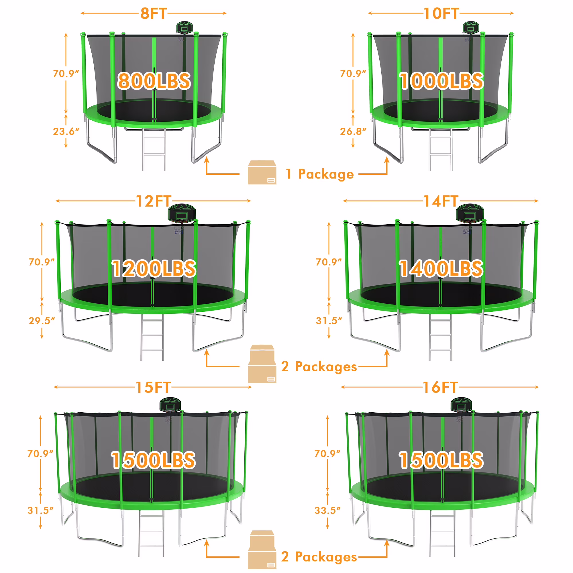 KOFUN 12FT Trampoline, Recreational Trampoline with Basketball Hoop, 4 Anchor Kits and Ladder, Outdoor Backyard Trampoline with Enclosure Net, Green