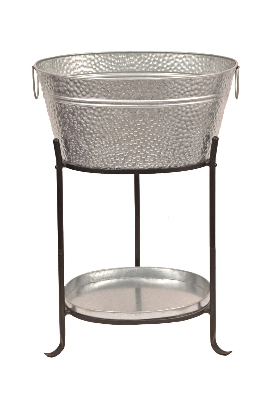 Beverage Tub w/Tray/Stand in Galvanized Steel "Pebbled Texture" by Madhu's Collection. Assembled Oval Shape Measurements H29.5in L20in W13in. Handmade by Best Artisans of mg Decor.