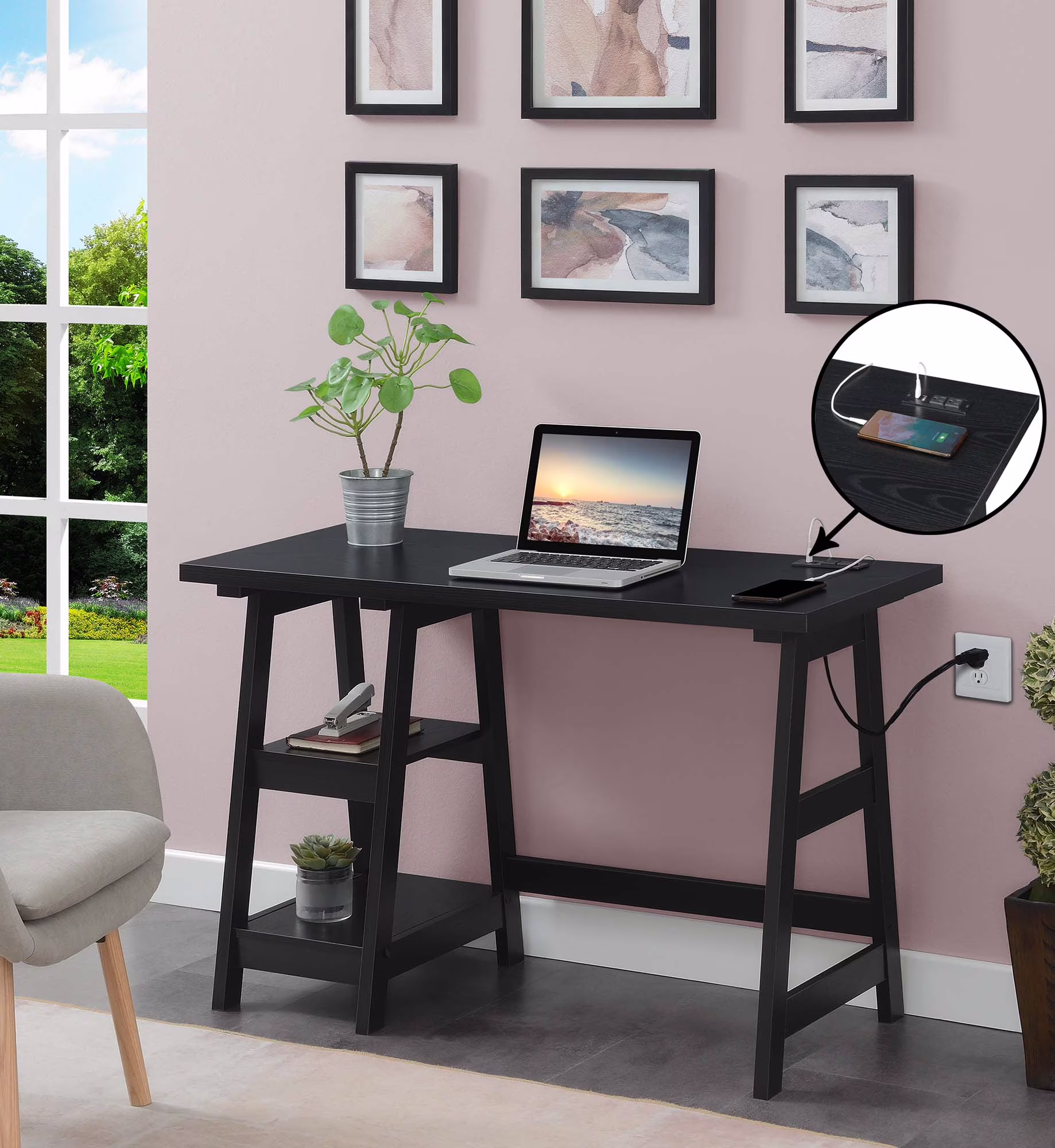 Convenience Concepts Designs2Go 29.25" Trestle Desk with Charging Station & Shelves, Black, All Ages