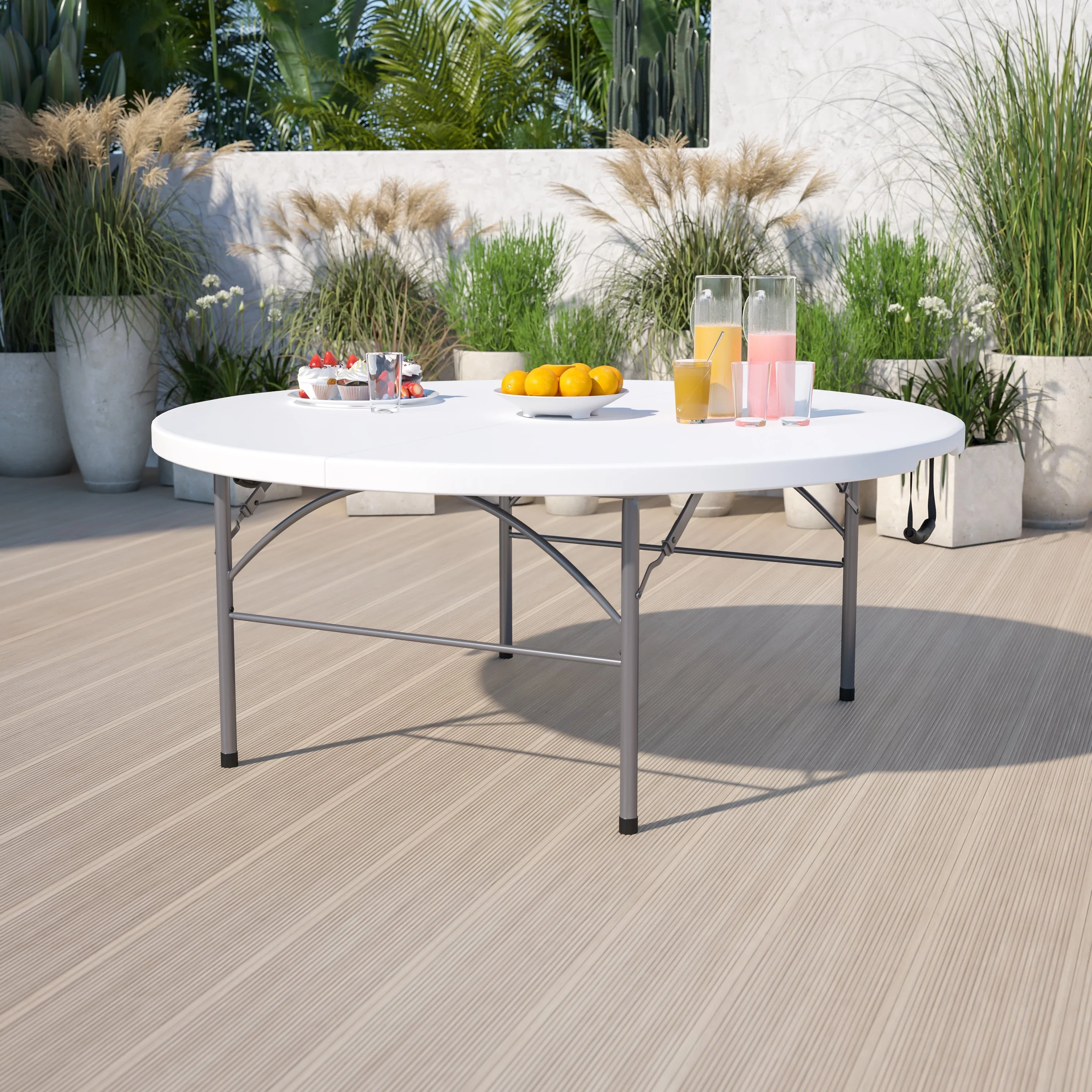 BizChair 5.89-Foot Round Bi-Fold Granite White Plastic Banquet and Event Folding Table with Carrying Handle