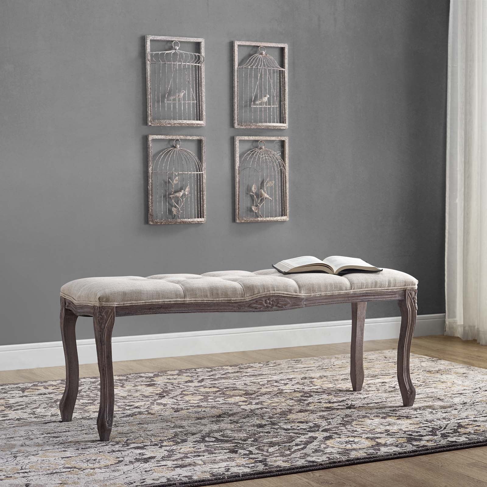 Modway Regal Vintage French Upholstered Fabric Bench in Beige