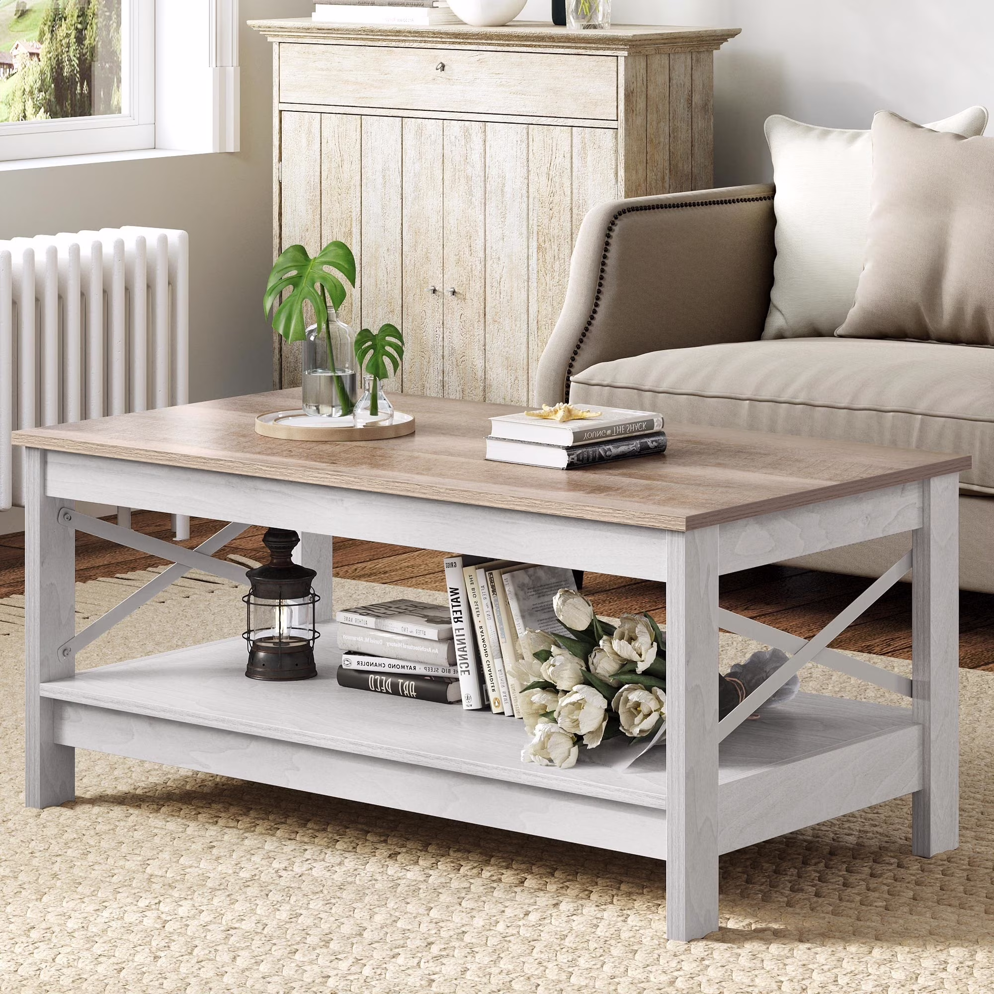 Moasis Farmhouse Coffee Table with Storage 2-Tier Center Table for Living Room Grey Wash Top+White