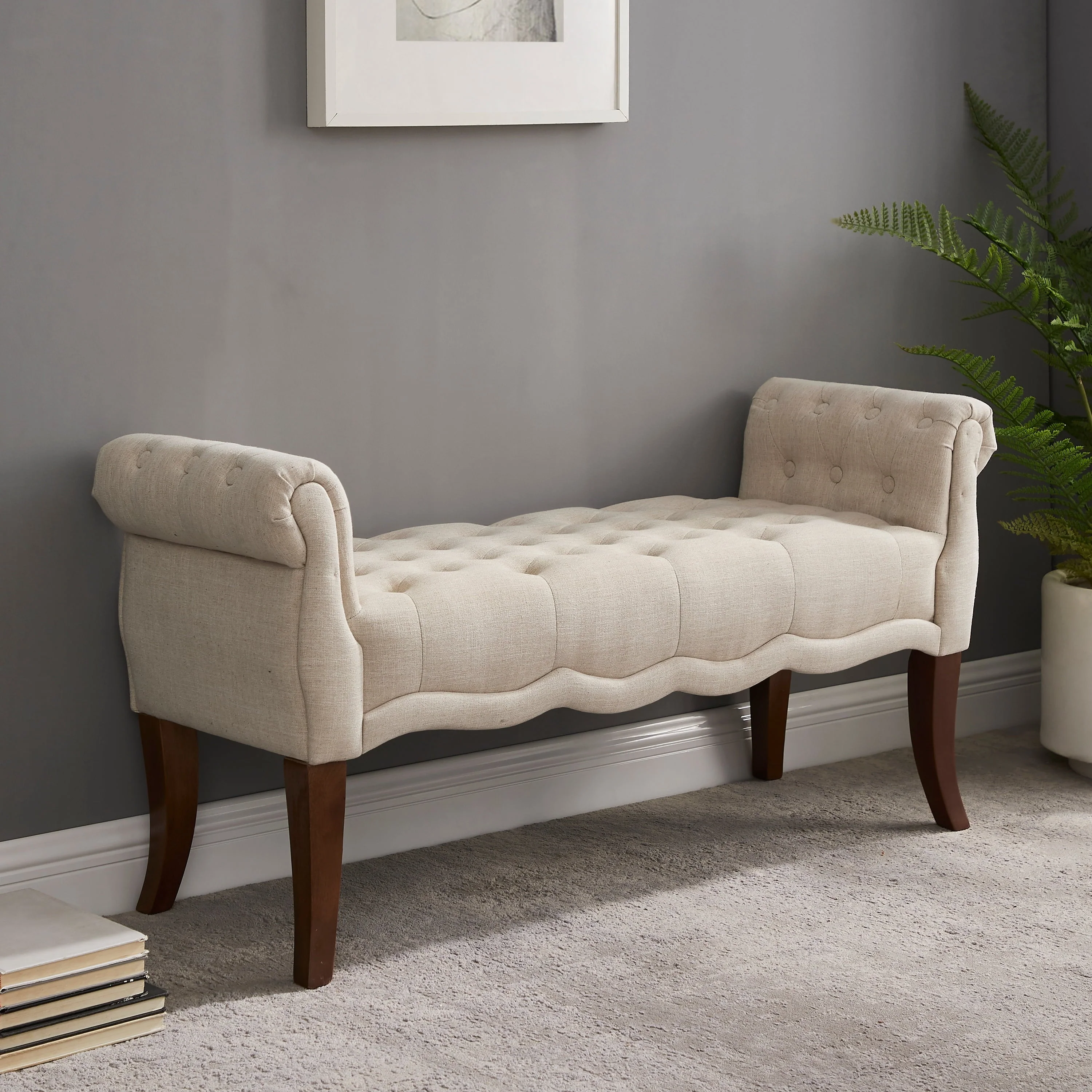 Linon Menlo Rolled Arm Button Tufted Bench, Dark Walnut Finish with Natural Fabric