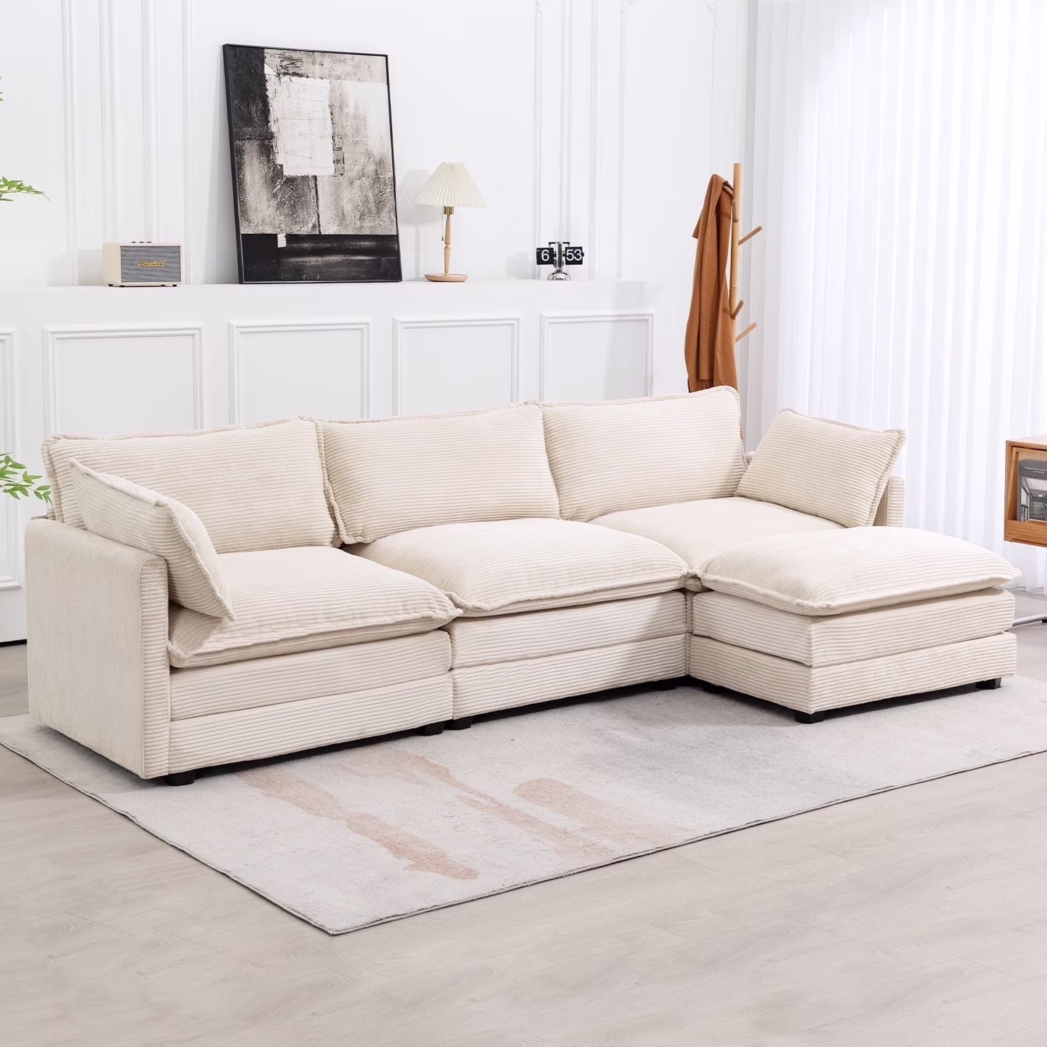 JUSTLET Sectional Sofa with Ottoman, L Shaped Corduroy Cloud Couch with Chaise, Modular Sectional Sofa Sleeper Furniture Set for Living Room, Beige