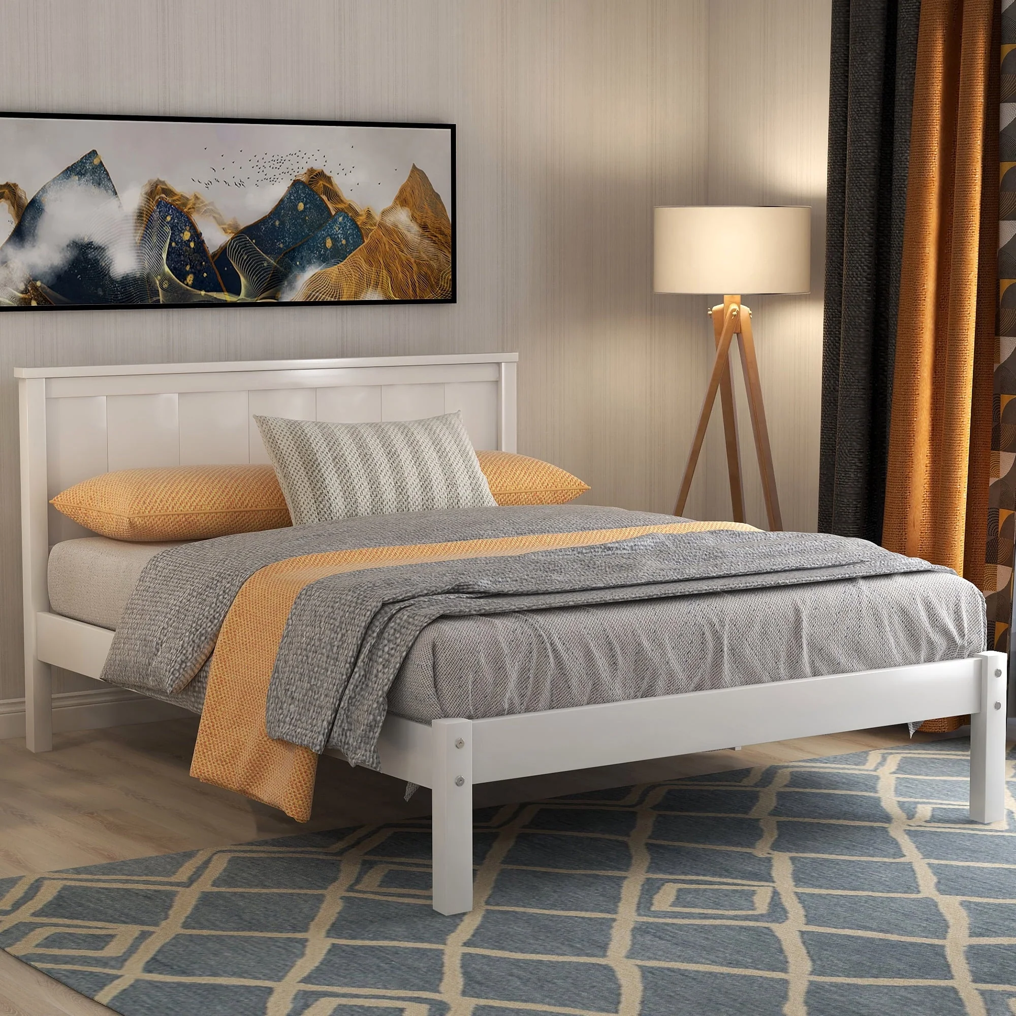 Euroco Twin Platform Bed, Modern Wood Frame Bed with Headboard and Slats for Kids Bed, No Box Spring Needed, White