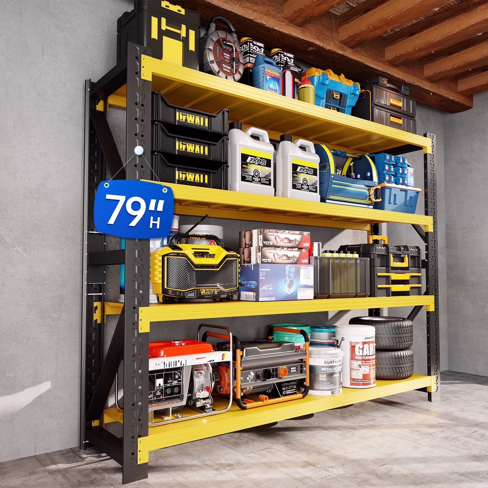 Garage Shelving 78.8"H 5000LBS Heavy Duty Storage Shelves Easy Assembly 4-Tier Adjustable Metal Shelving Unit for Basement,Warehouse,Industrial,Black&Yellow(78.8" H x 59.1" W x 23.7" D)