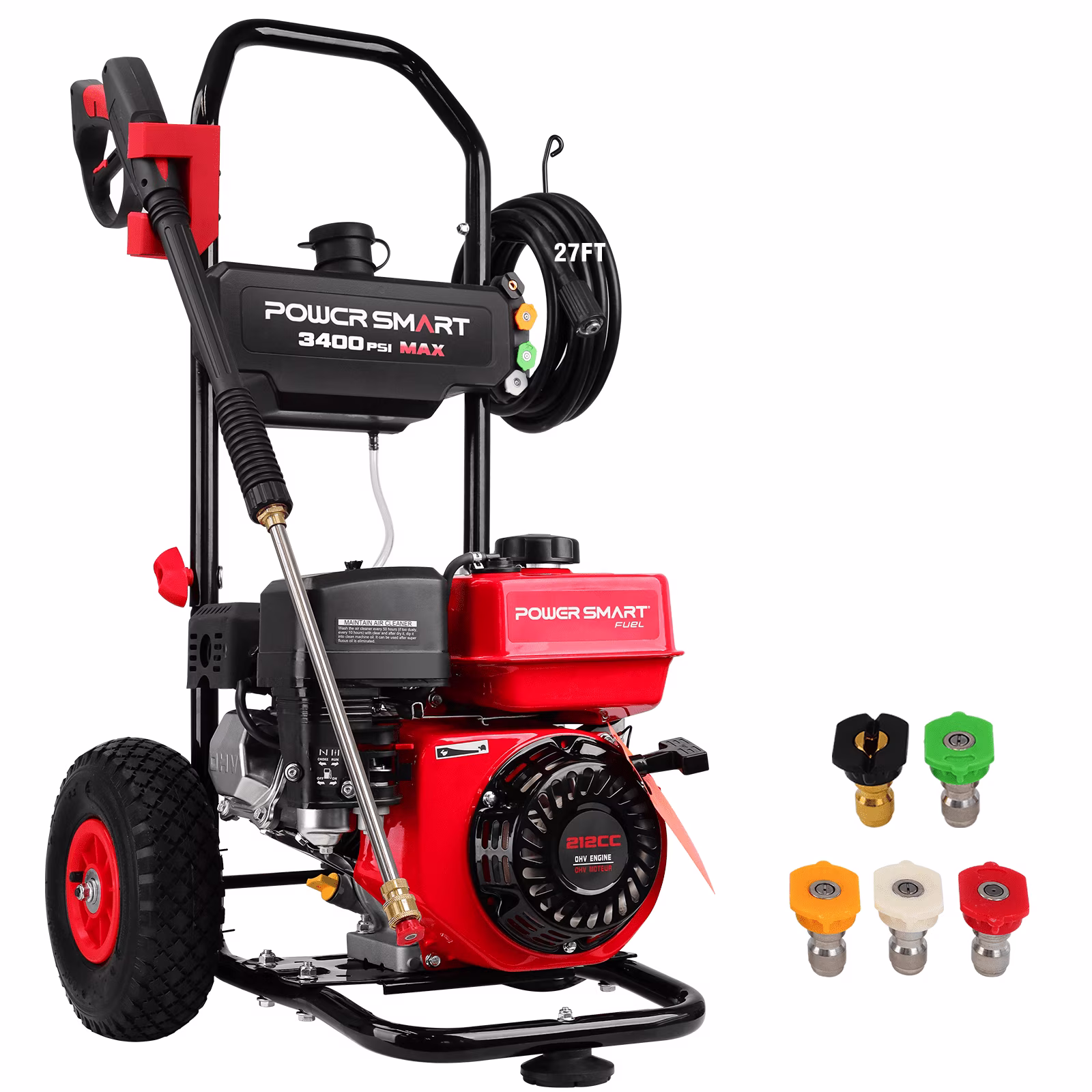 PowerSmart 3400PSI Gas Pressure Washer, 212cc Engine 2.5GPM 5 Quick-Adjustable Nozzles for Gardens