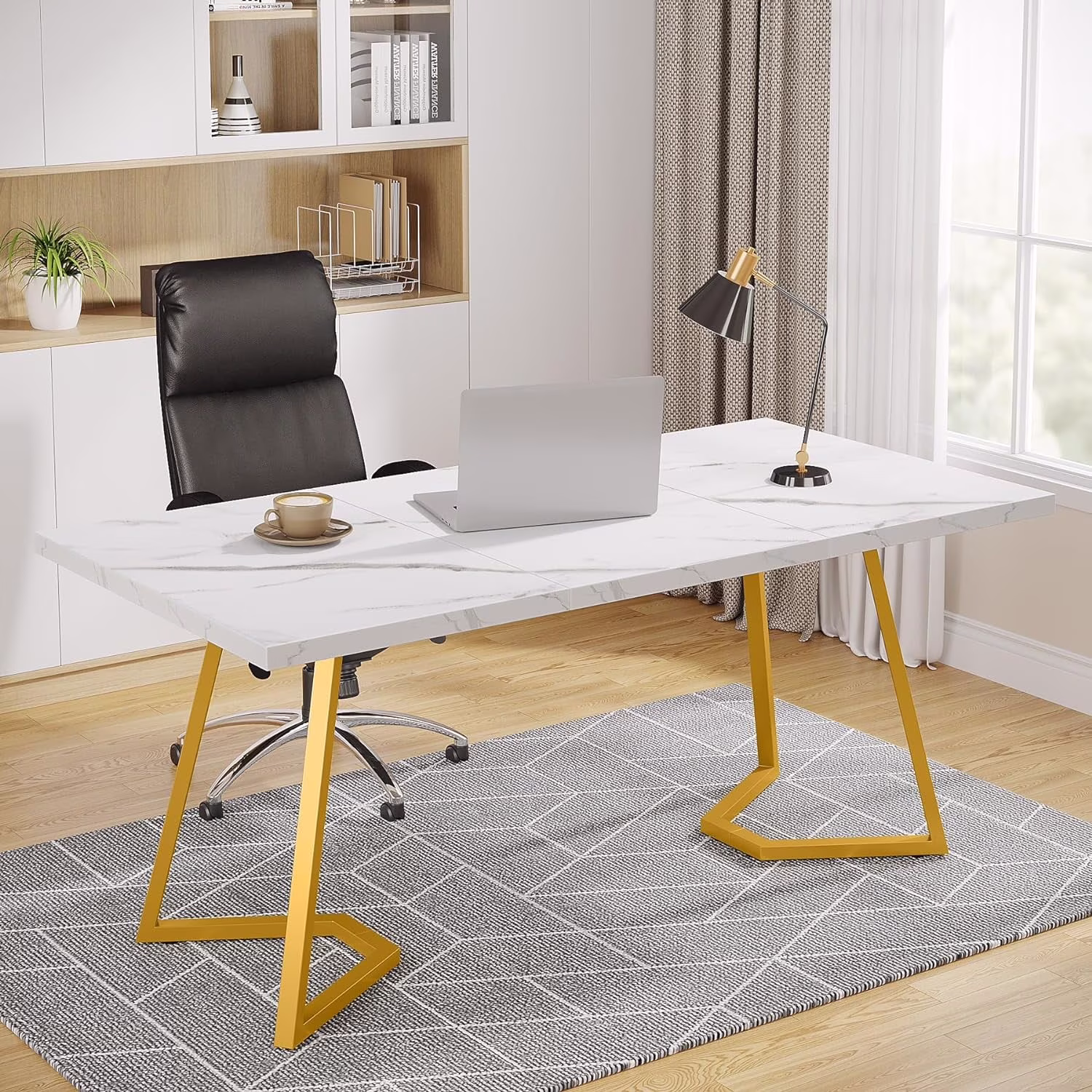 Finmind Modern Home Office Desk, Adult Study Writing Table with Metal Legs, White & Gold, 55.11" L x 31.49" D x 29.52" H