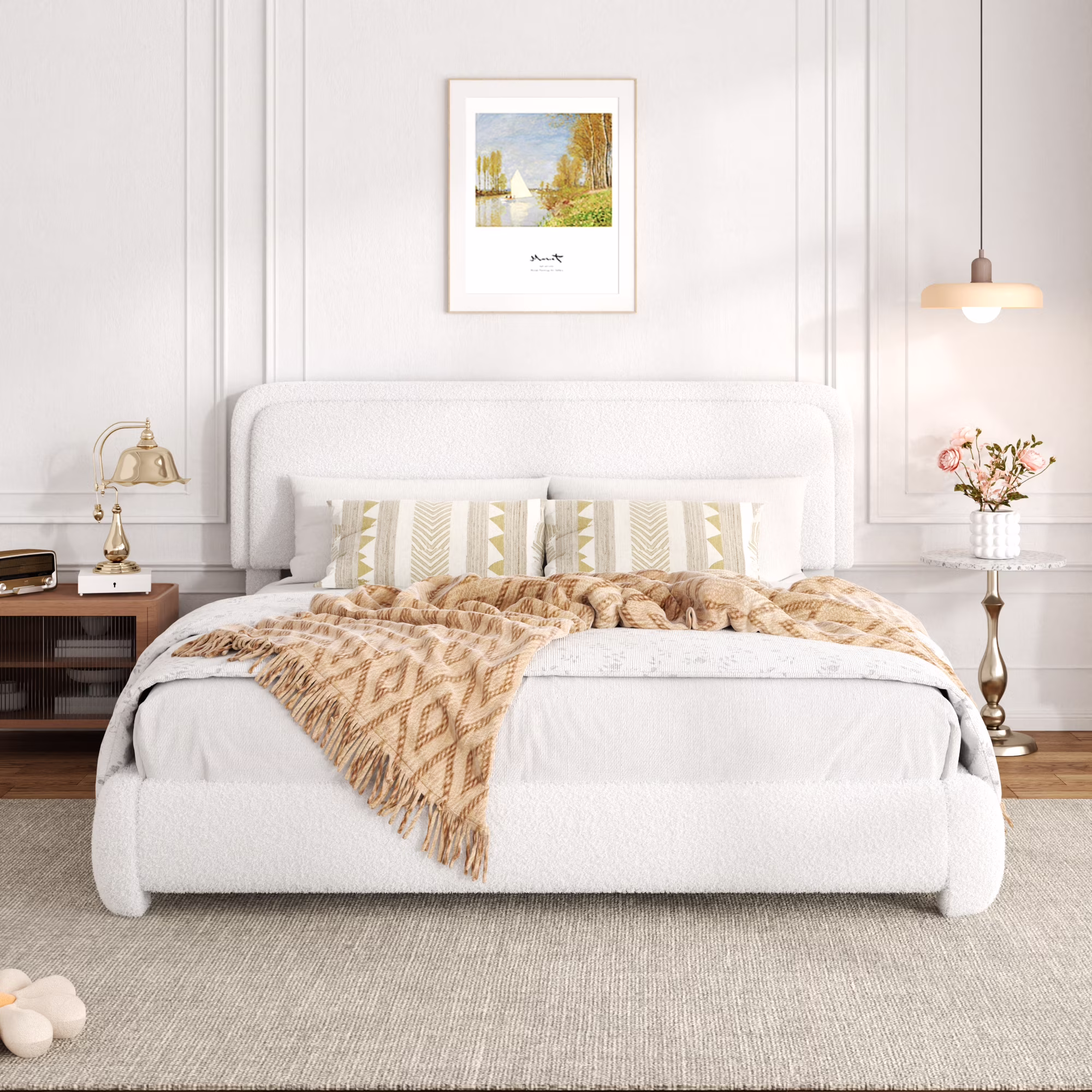 Lijimei King Size Boucle Bed Frame, Upholstered Cloud Platform Bed Frame with Headboard, Anti-Collision Soft Rounded Corners, Adjustable Headboard, Easy Assembly