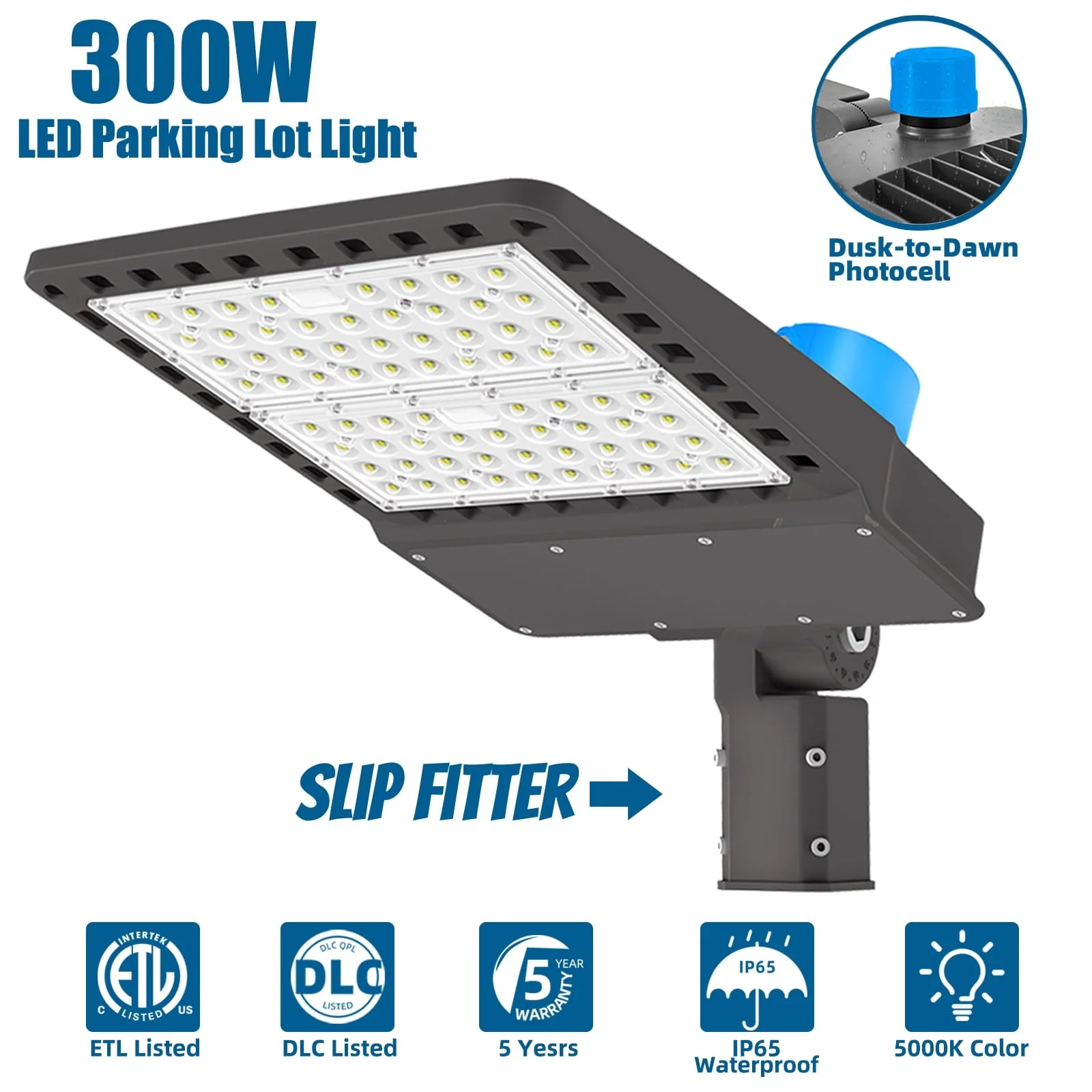300 Watt LED Parking Lot Light with Photocell Dusk to Dawn 5500K White,39000lm,150 Degree Beam Angle