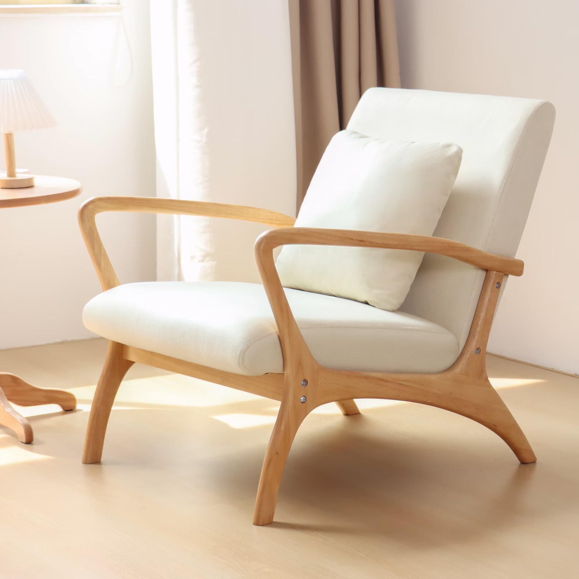 JULY'S SONG Mid-Century Modern Accent Chair,Living Room Linen Read Arm Chairs with Cushion,Wood Frame Armchair for Bedroom,Beige