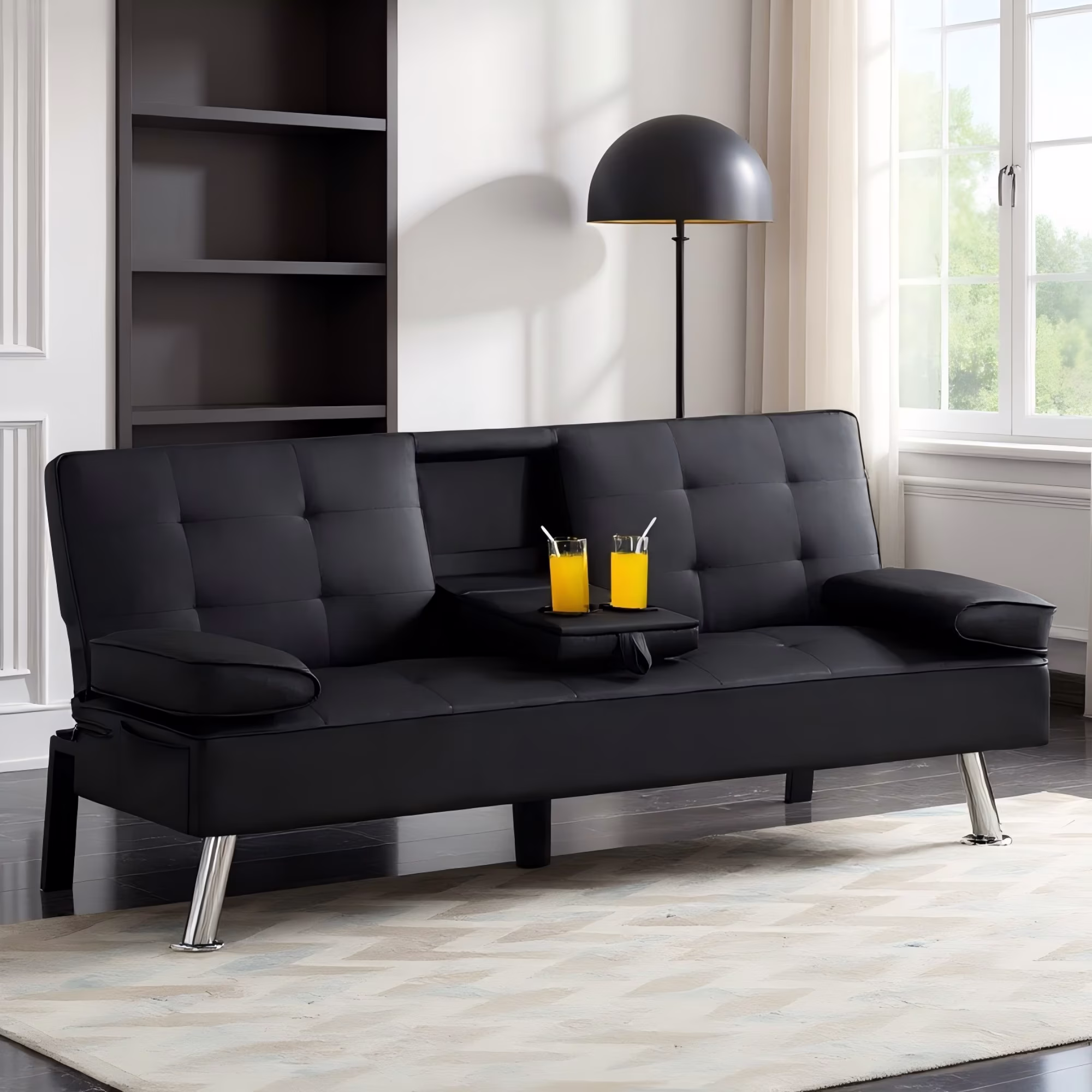BSHTI 65.3�� Futon Sleeper Sofa Bed,Tailored PU Upholstery Futon Sleeper,3 Angles for Adjusting Sofa,for Home,Office,and Guest Room Black