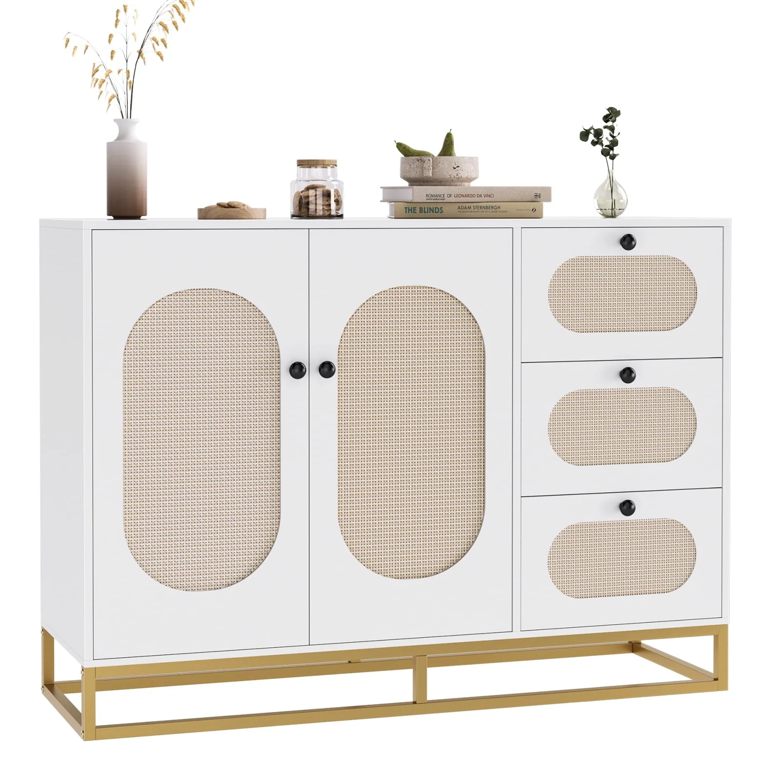 Homfa 3 Drawers Accent Storage Cabinet, 34.2"H Gold Buffet Sideboard with Rattan Doors for Living Room, White