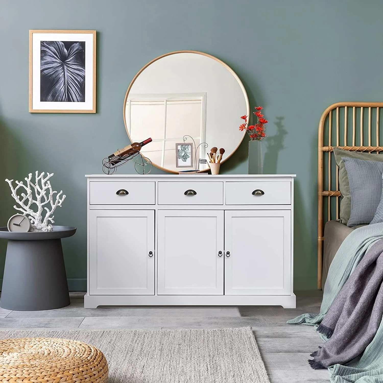 Erinnyees Sideboard Storage Cabinet with 3 Drawers and 3 Cabinets, Buffet Cabinet for Kitchen, Ding Room, Living Room, White