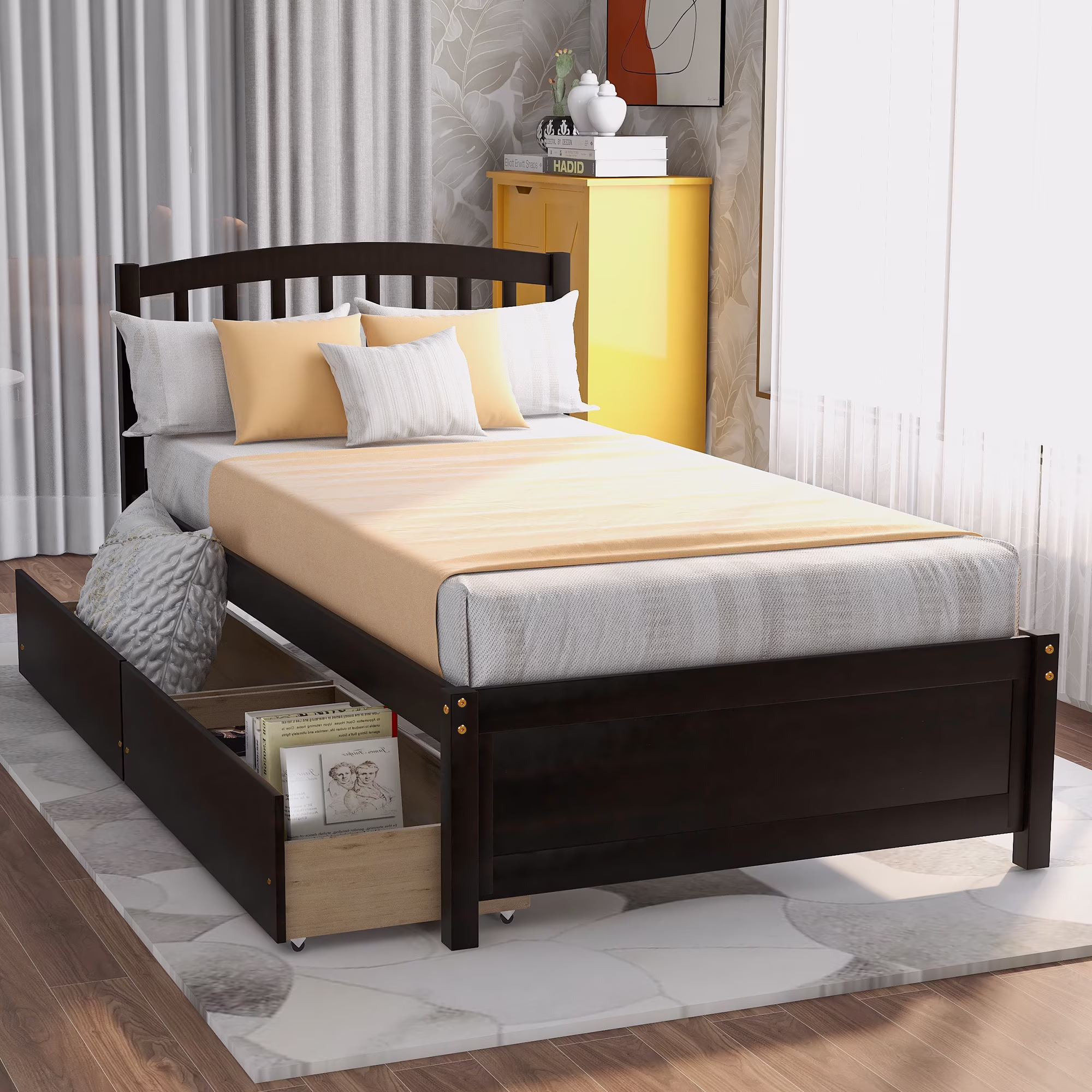 Alvantor Twin Size Wood Platform Bed with 2 Drawers & Headboard, Modern Bed Frame for Kids White