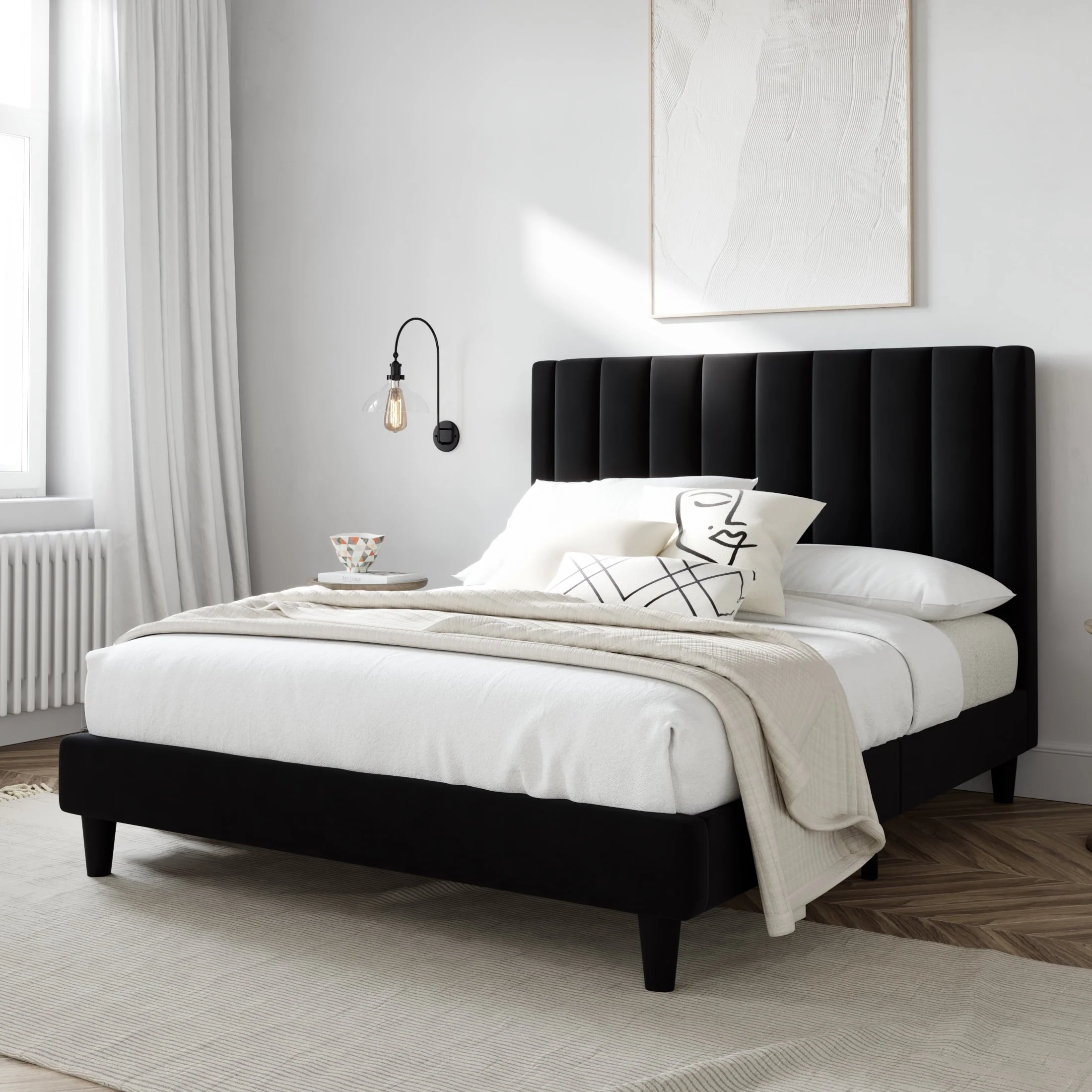 Amolife Queen Size Velvet Upholstered Platform Bed Frame with Curved Headboard, Black
