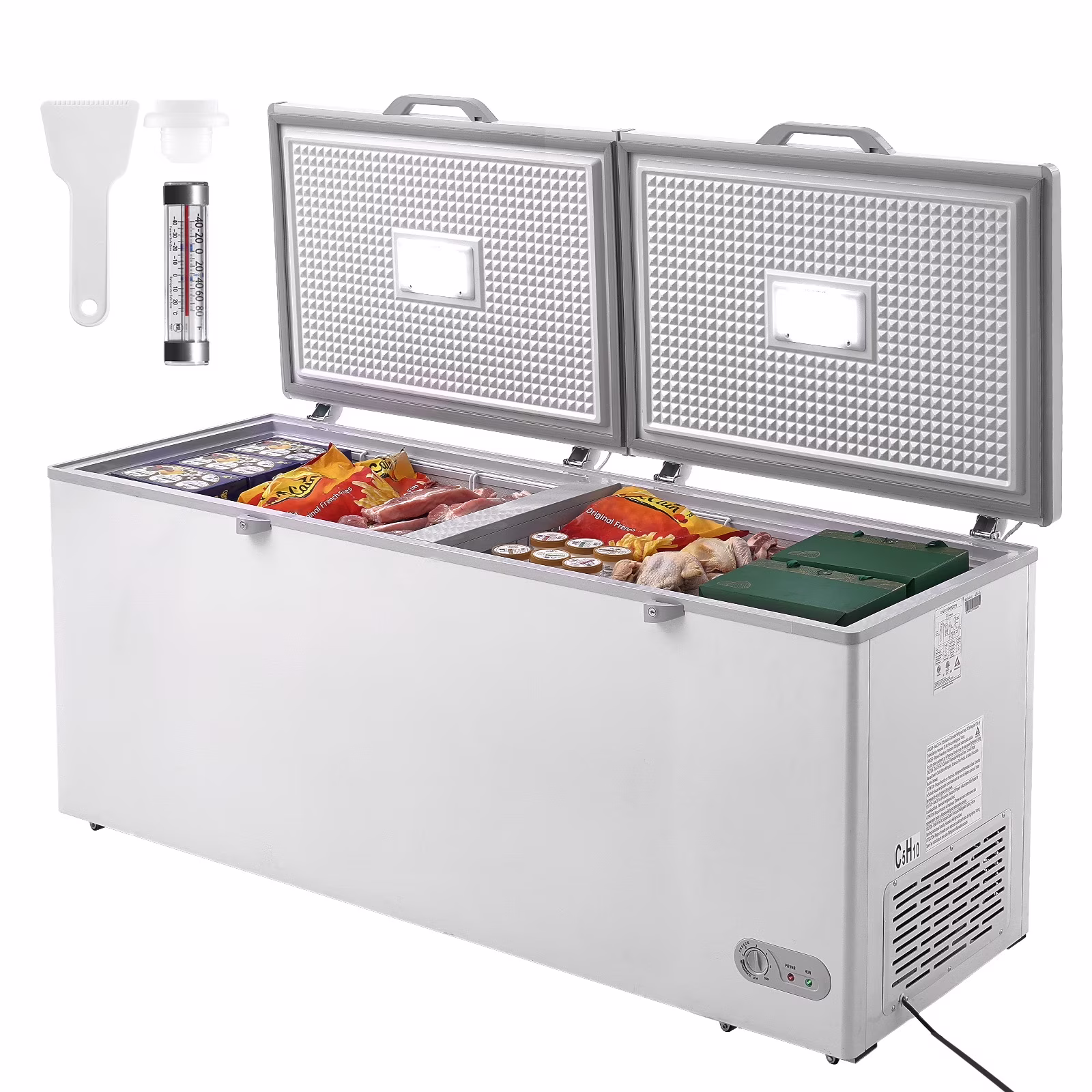 KFFKFF Chest Freezer, 19.8 Cu.ft / 561 L Spacious Freezer with Dual Secure Locking Lids, Independent Commercial Chest Freezer & 4 Detachable Baskets, 7-Level Temperature Control, LED, 6 Wheels