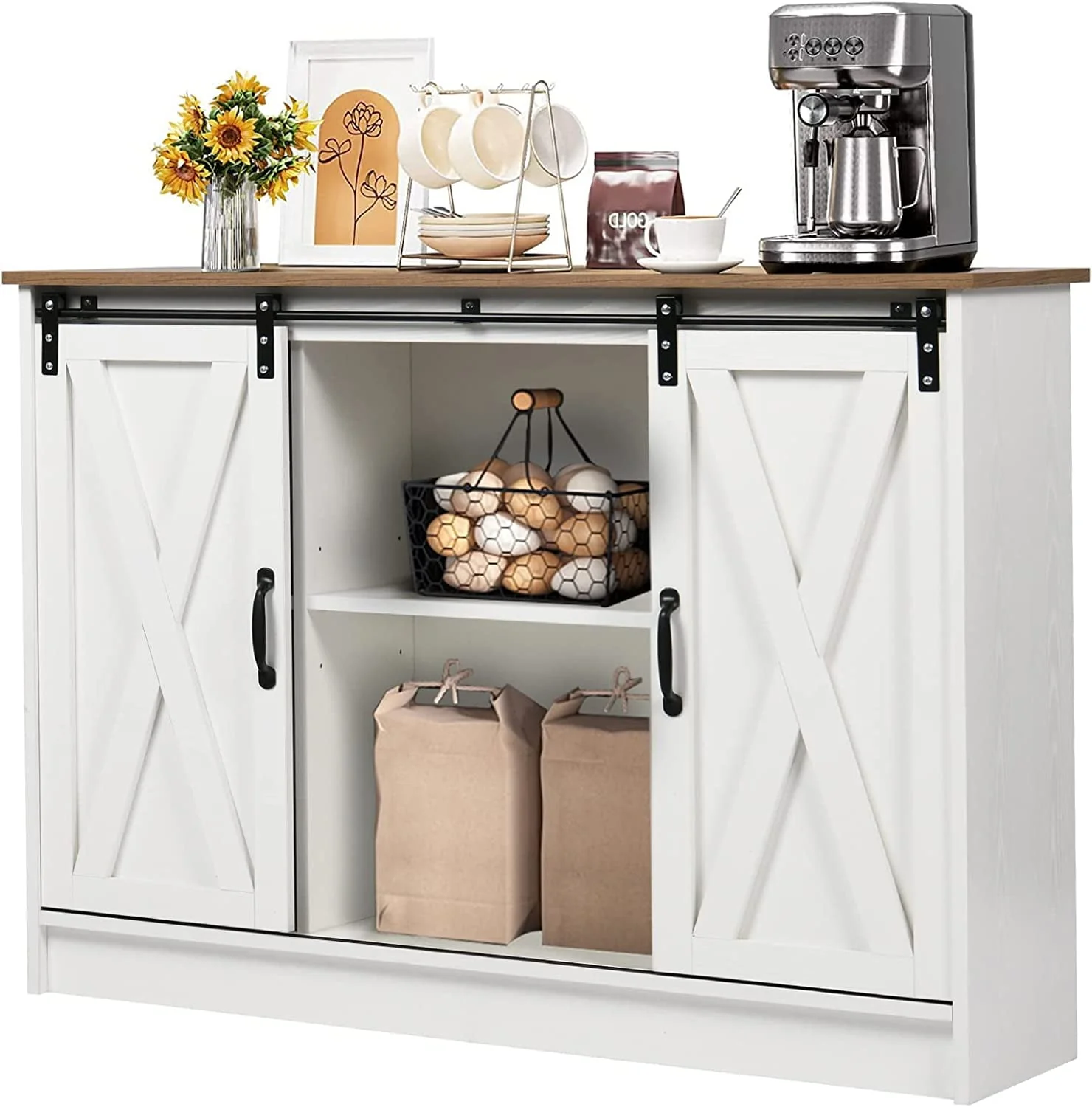 Catrimown Farmhouse Coffee Bar Cabinet , 42�? Buffet Sideboard Cabinet with Sliding Door, Sideboard Storage Cabinet, White