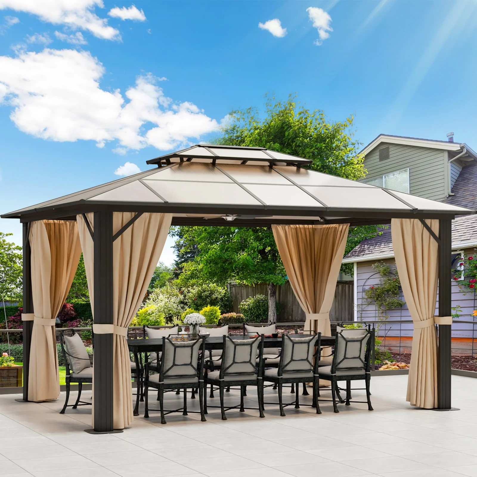 Aoxun 10 ft. x 13 ft. Hardtop Gazebo, Double Polycarbonate Roof Aluminum Frame Gazebo W/Curtain and Netting, Brown