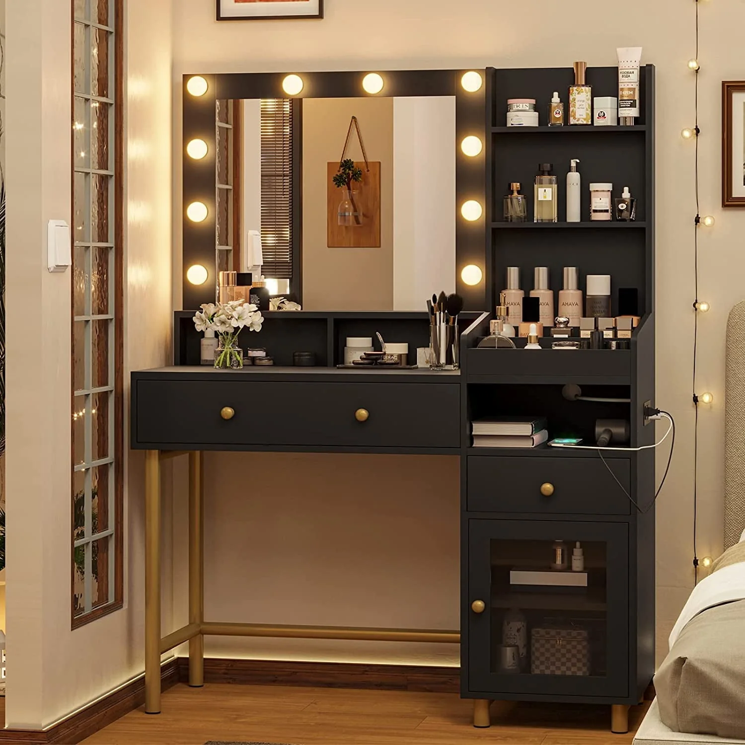 Black Vanity Desk Table with Mirror and Lights in 3 Colors,Modern Makeup Vanity Desk Dressing Table with Charging Station & Drawers & Storage Cabinet for Women Girls