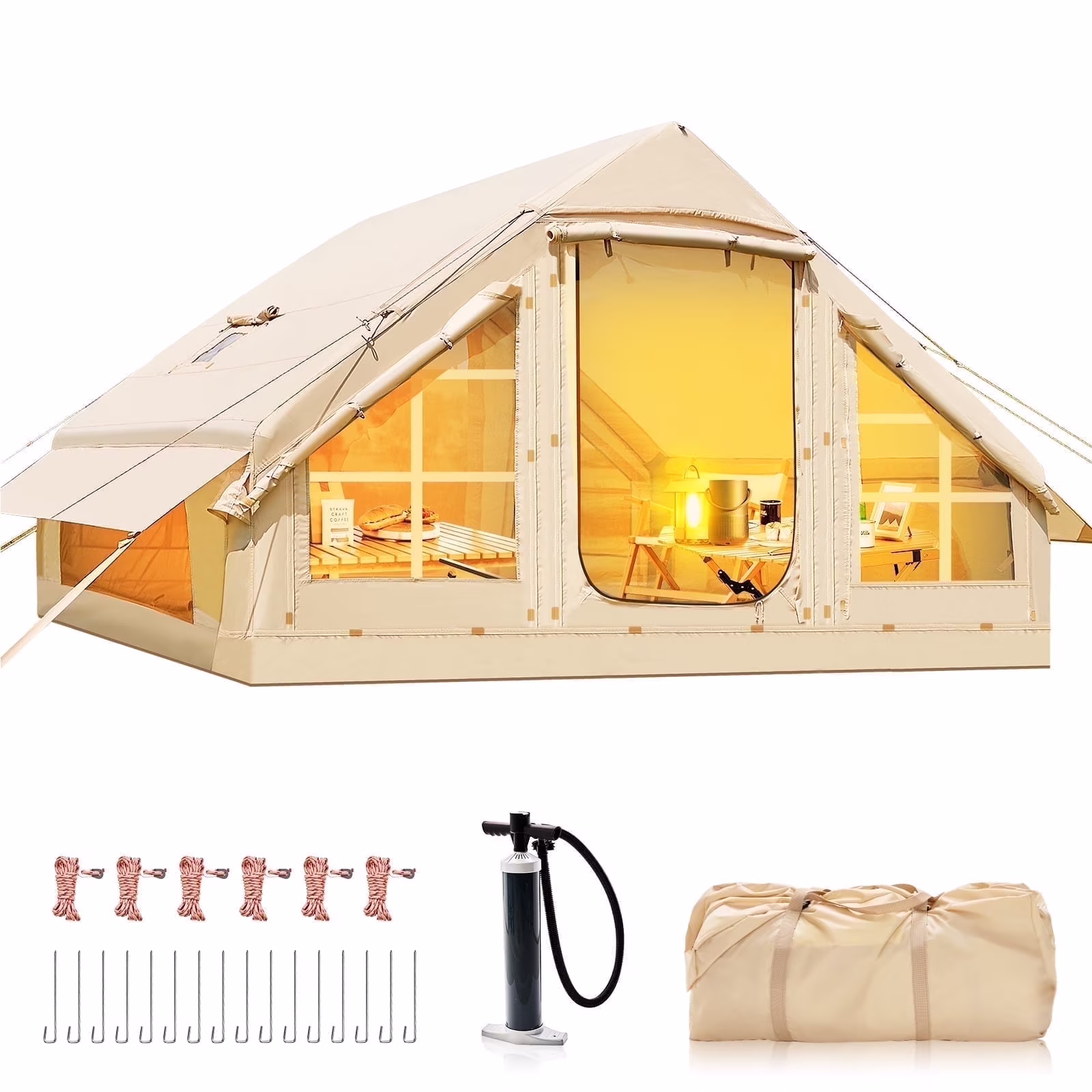 Lilypelle 4-6 Person Blow Up Inflatable Tent with Stove Jack, Hot Tent for Camping with Hand Pump, Waterproof Inflatable Camp Tent with Mesh Windows, Easy Setup Glamping Inflatable House