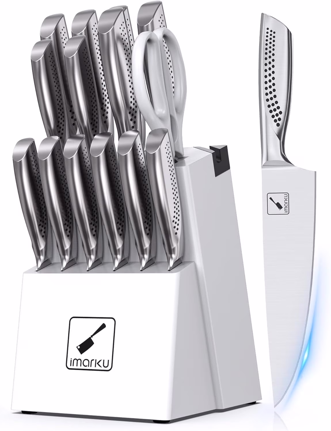 imarku Japanese HC Stainless Steel 15 Piece Kitchen Knife Set, Built in Sharpener, Sharp Knife Set with Point like Ergonomic Handle, Holiday Gift, Home Chef Knife, White