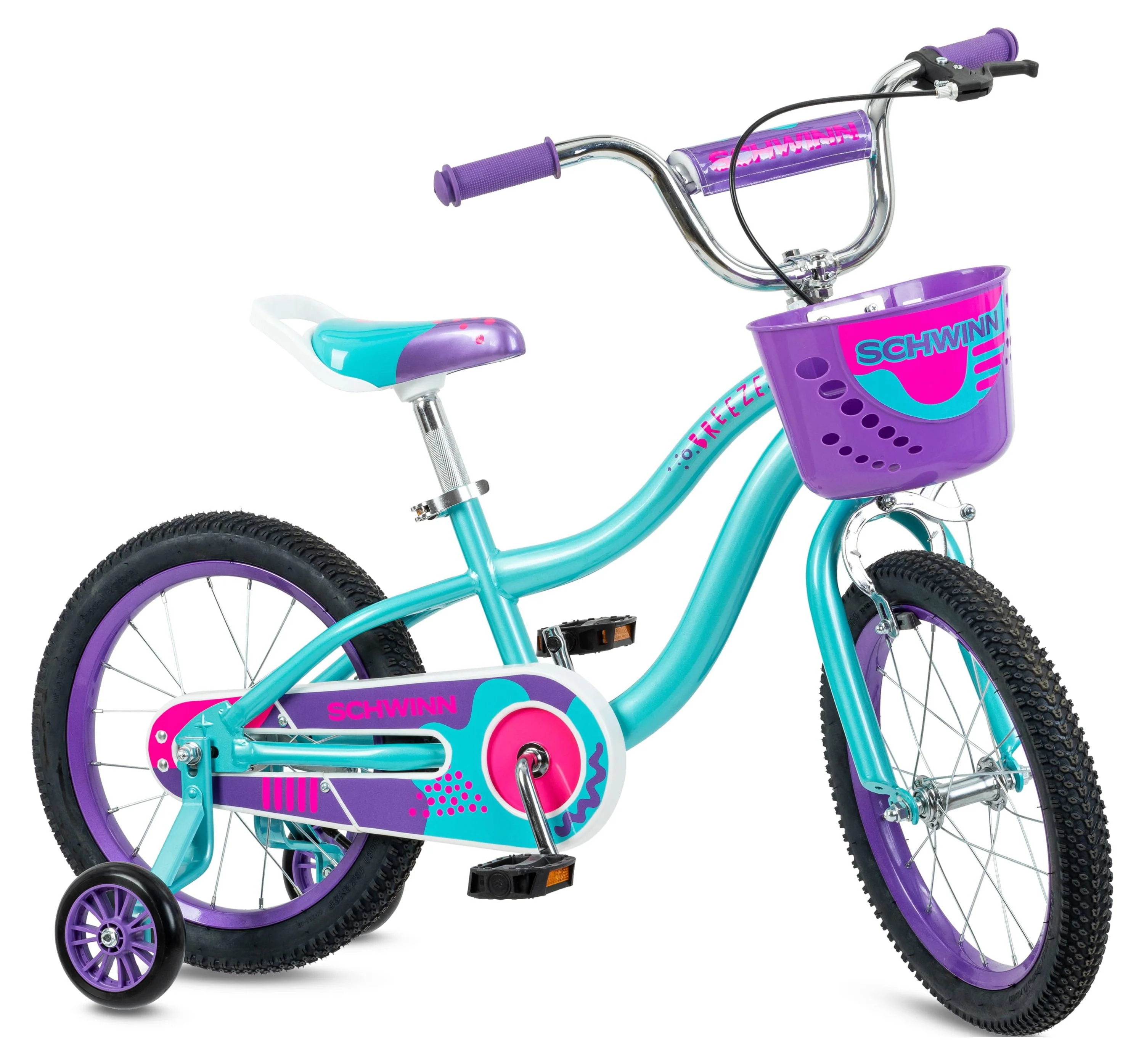 Schwinn Breeze 16 Inch Girls Kids Bike with Basket and Training Wheels, Ages 3-7, Teal and Purple