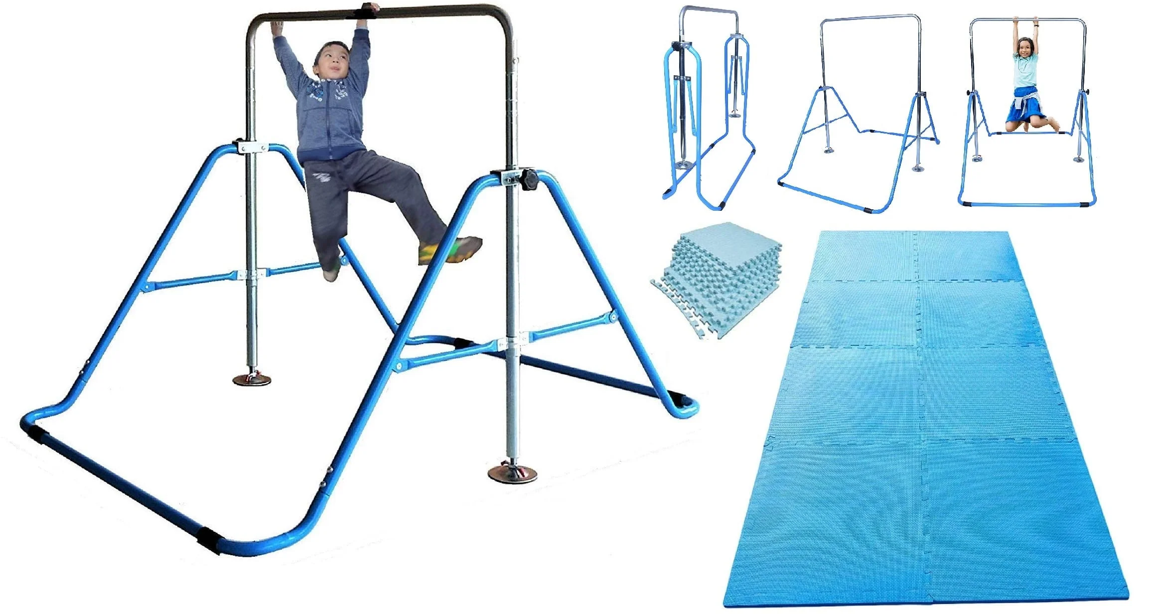 Gymnastics Bar for Kids Kip Bar Horizontal Jungle Gym with 8'x'4 EVA Tumble Mat, Junior Training Monkey Bars Home Gym Adjustable Height Expandable Junior Training Bar Indoor Foldable (Blue)