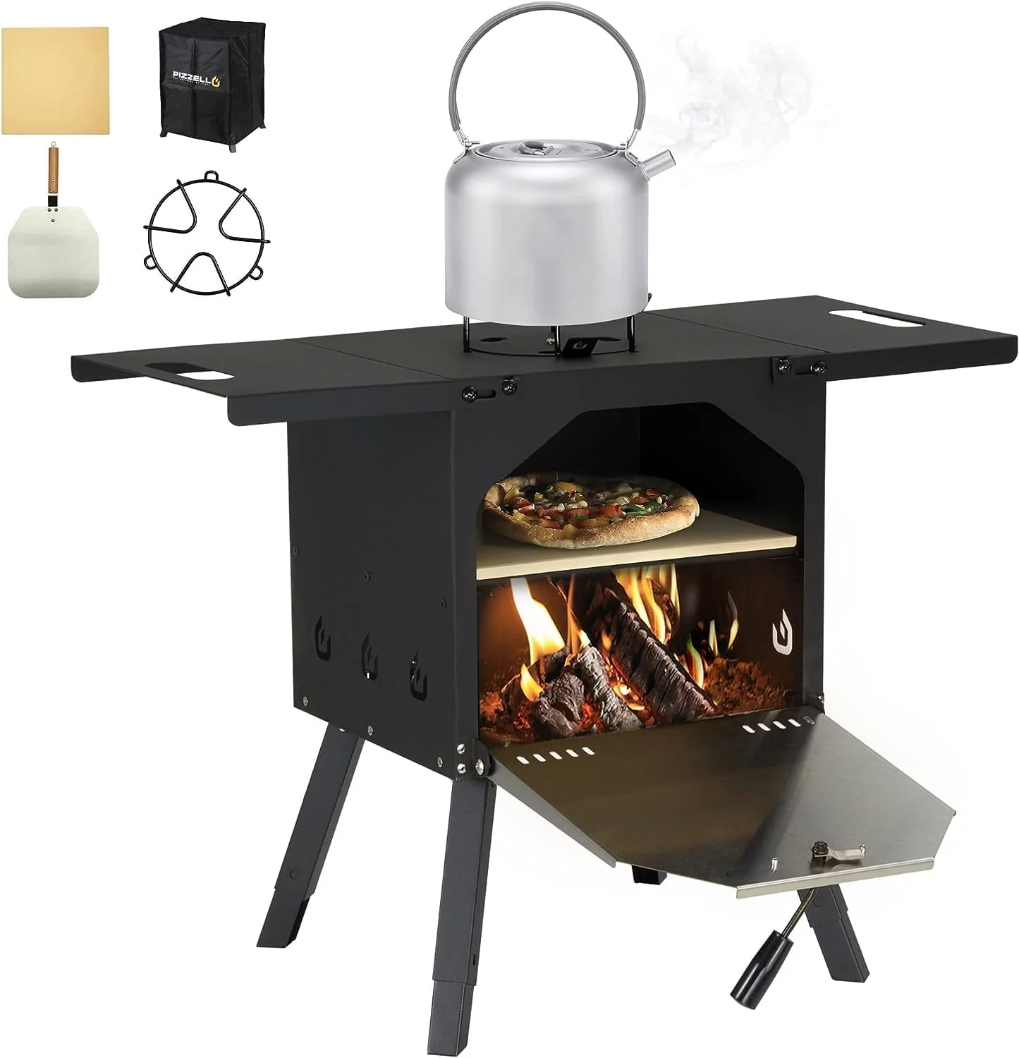 Pizzello Outdoor Pizza Oven Wood Fired 2-Layer Pizza Ovens Include Pot Holder for Warming Food, Pizza Stone, Pizza Peel, Cover, Foldable Shelves & Adjustable Legs, Pellet Oven for Party Camping