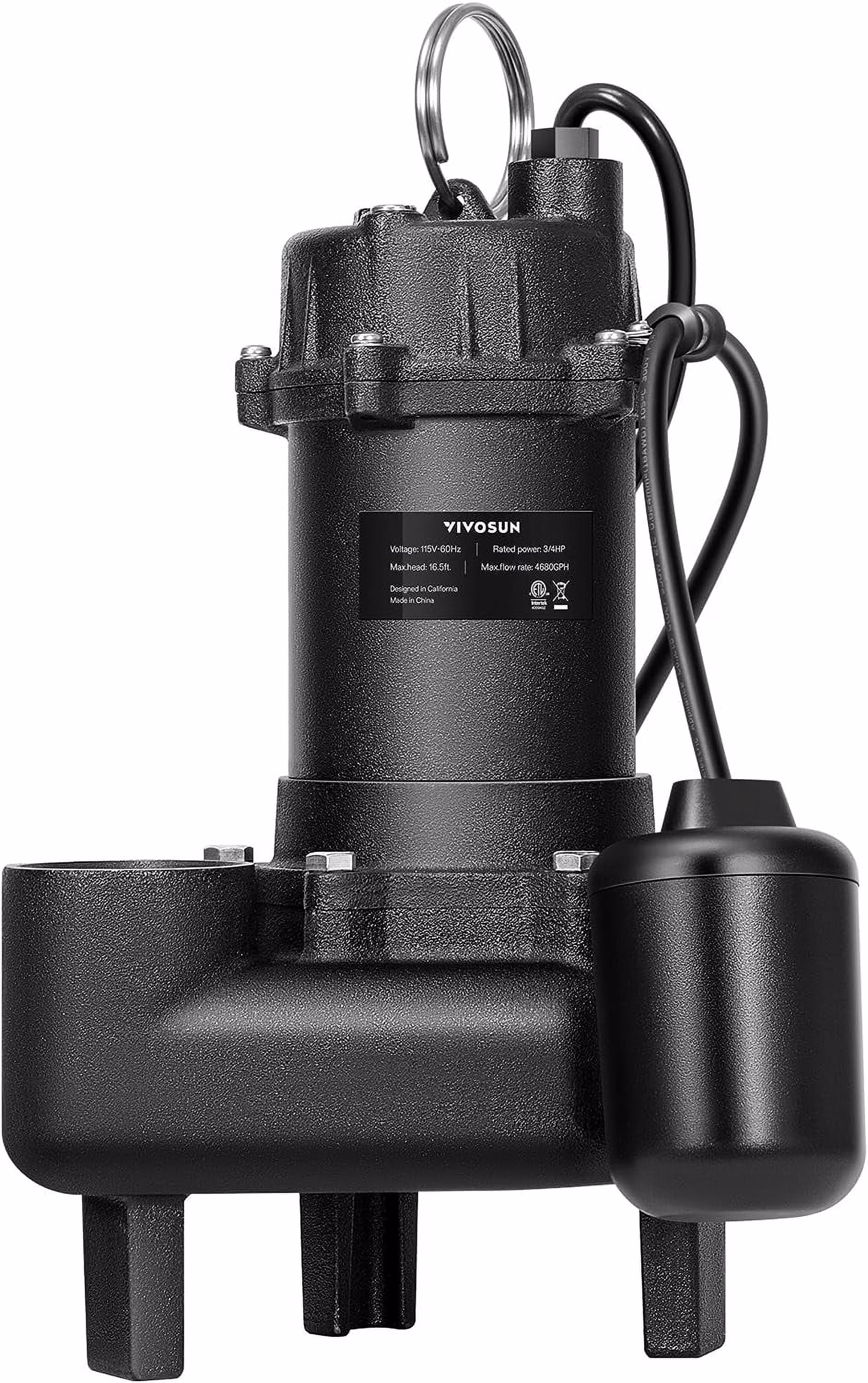 VIVOSUN 3/4HP Submersible Sewage/Effluent Pump, 4680 GPH, Cast Iron Sump Pump with Automatic Adjustable Float Switch & 2'' NPT discharge, Perfect for Sewage System, Septic Tank, Basement