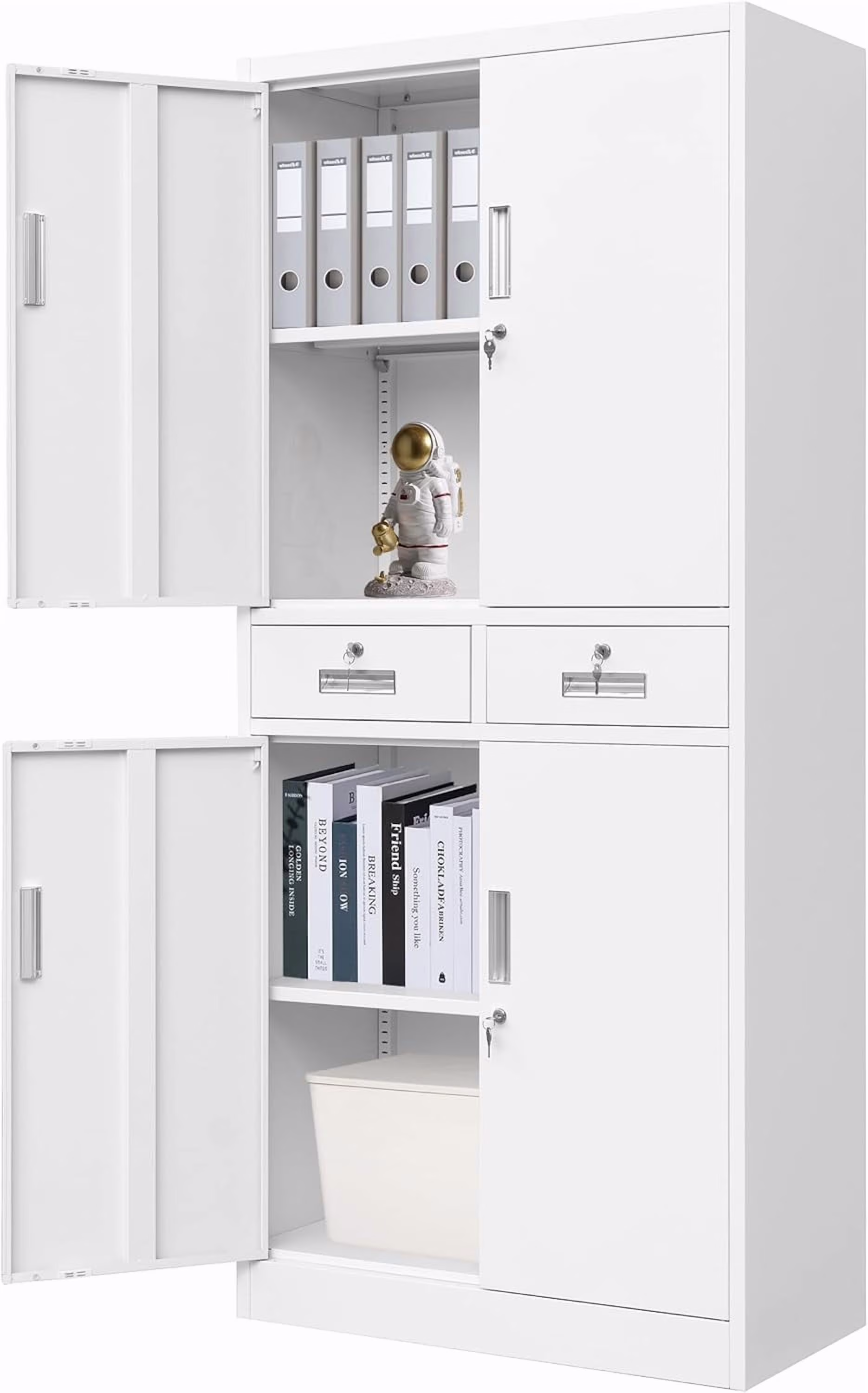CMY Metal Storage Cabinet, 71" H x 32" W x 16" D Locking Cabinet with Adjustable Shelves and 2 Drawers, Steel Storage Cabinet for Office, Garage, Home, School, Utility Room-White