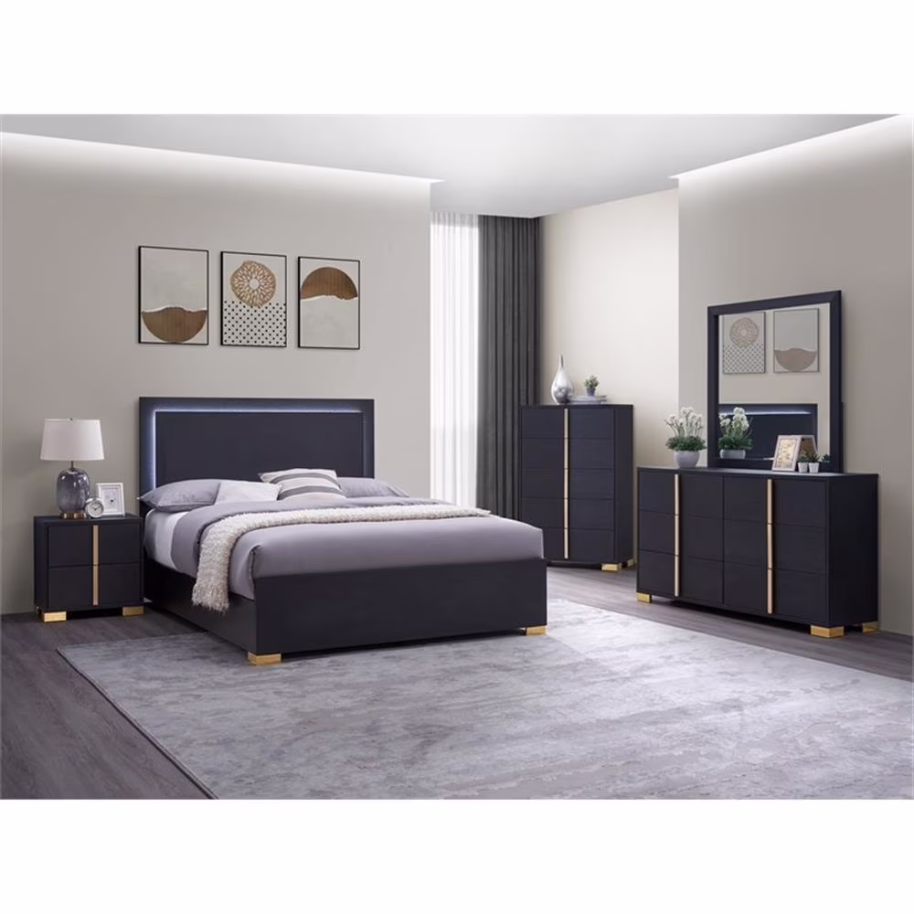 Coaster 5-Piece Contemporary Wood Queen Bedroom Set in Black/Gold