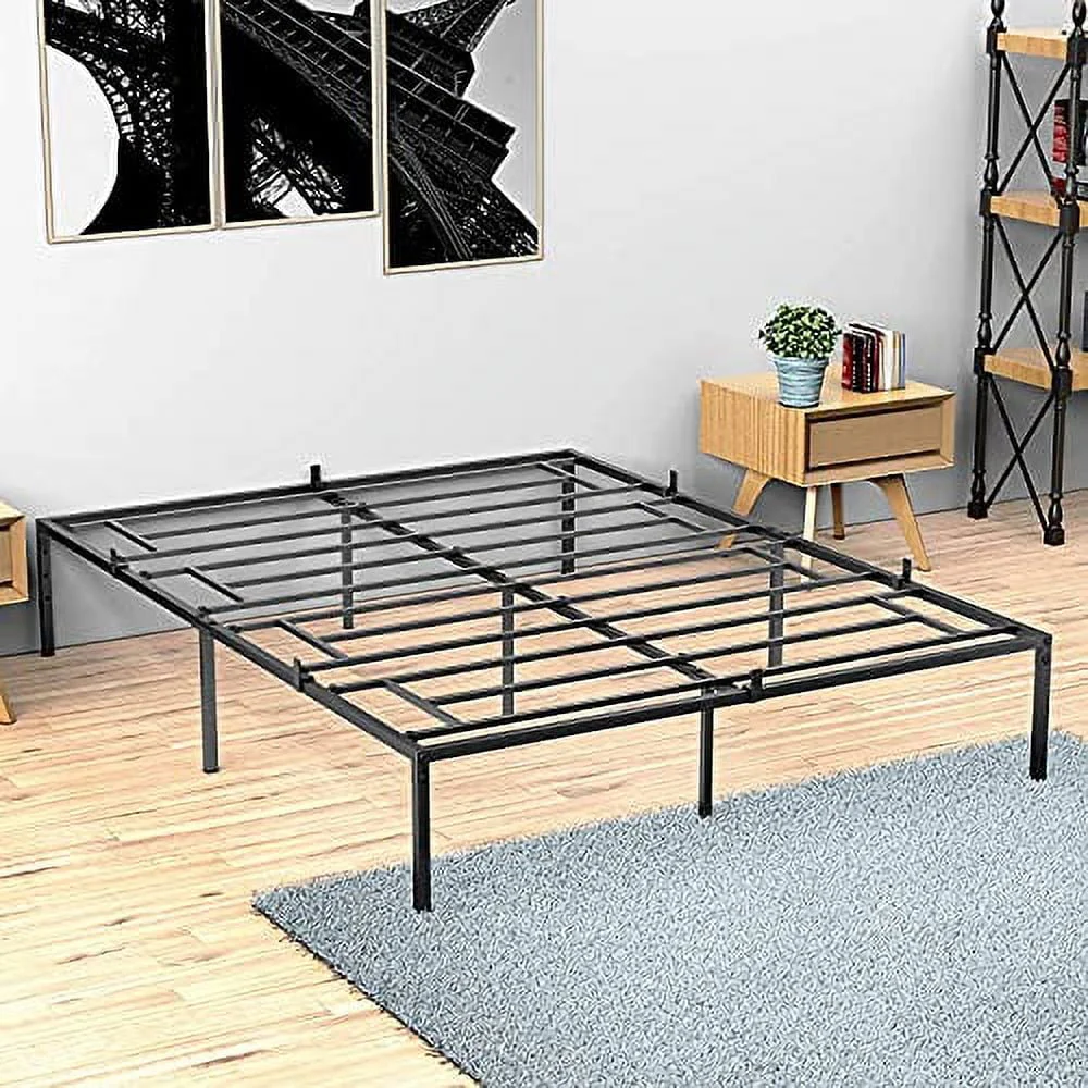 Queen Metal Platform Bed Frame with Sturdy Steel Bed Slats, Mattress Foundation, No Box Spring Needed Large Storage Space, Easy to Assemble, Non-Shaking and Non-Noise, Black