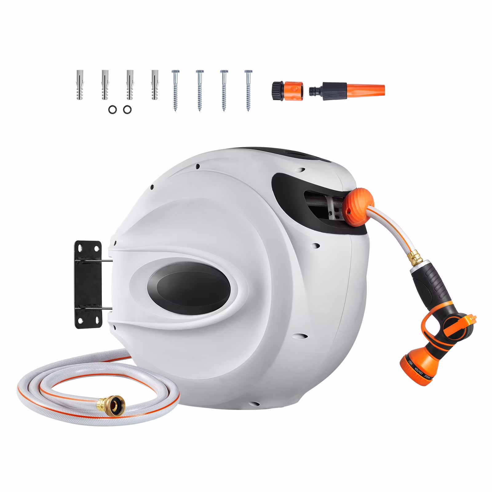 KFFKFF Auto-Retracting Hose Holder, 115ft x 1/2in, 180�� Pivoting Wall Bracket, Lawn Water Hose Reel with 9-Setting Spray Nozzle, Adjustable Length Lock, and Gradual Rewind Mechanism