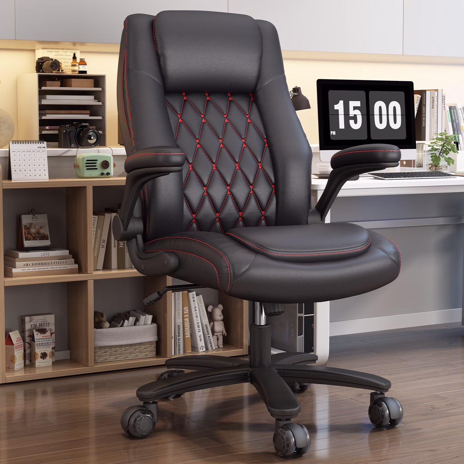 HomeZeer Big and Tall Executive Office Chair 400LBS, High Back PU Leather with Lumbar Support, Flip-Up Arms & Rubber Wheels for Work Home, Black