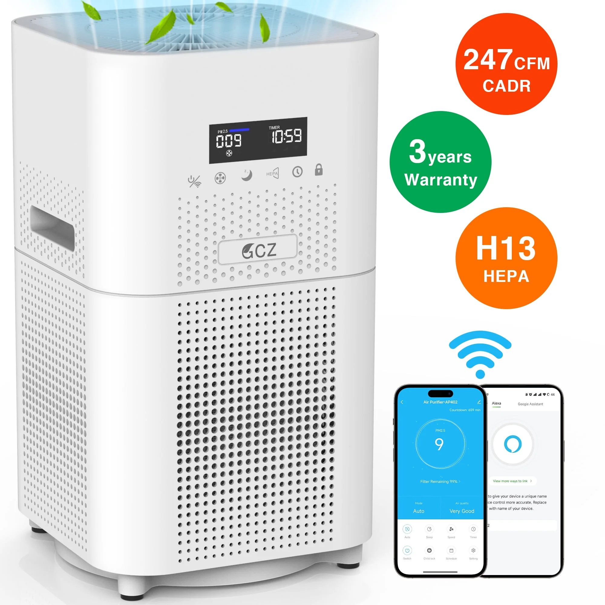 GCZ Air Purifier for Large Rooms, 1850 sq. ft Smart WiFi Air Cleaner H13 True HEPA Filter Air Purifiers for Allergies and Asthma, with Voice Control